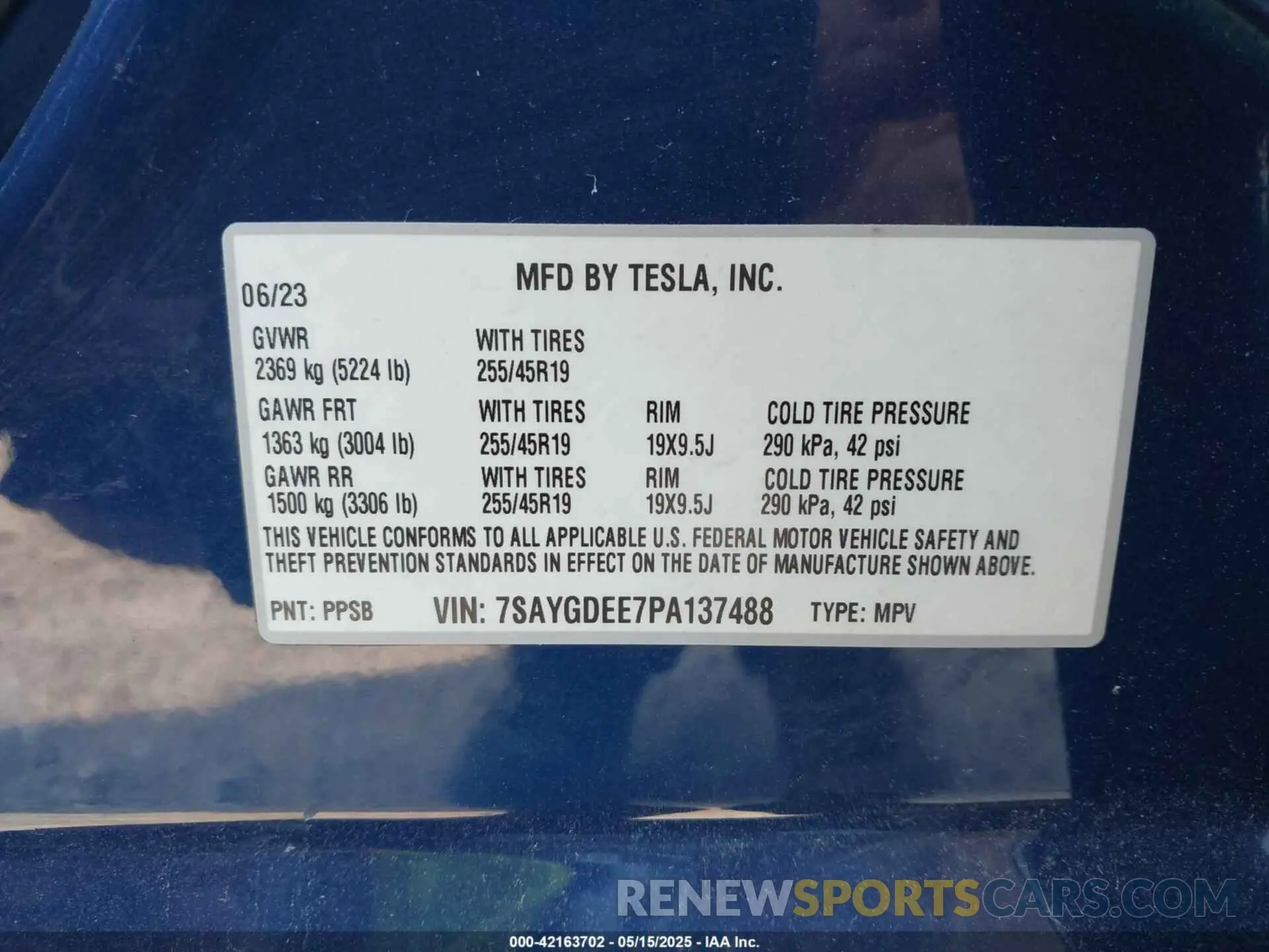 9 fotografías del automóvil dañado 7SAYGDEE7PA137488 TESLA MODEL Y 2023