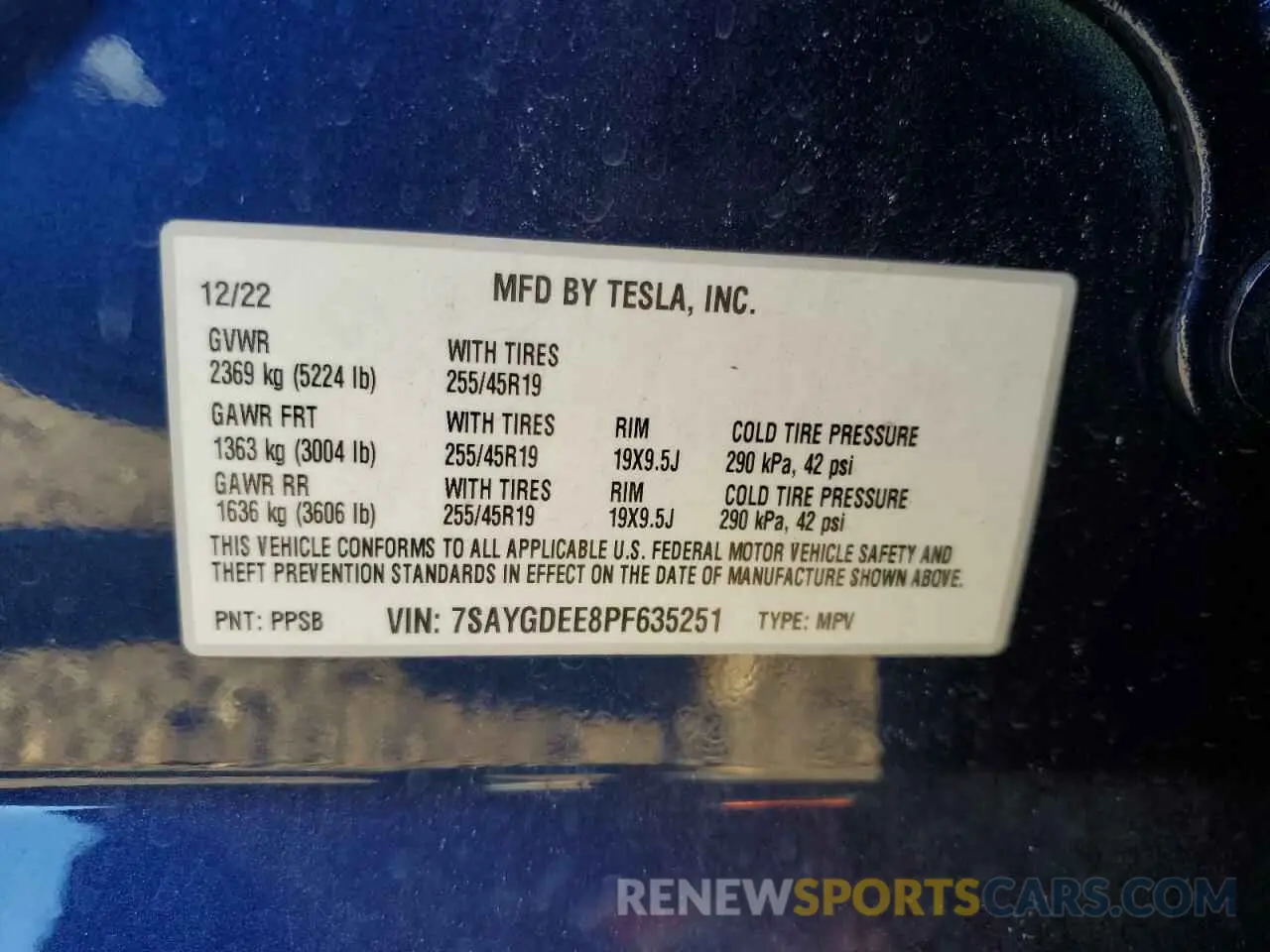 12 fotografías del automóvil dañado 7SAYGDEE8PF635251 TESLA MODEL Y 2023