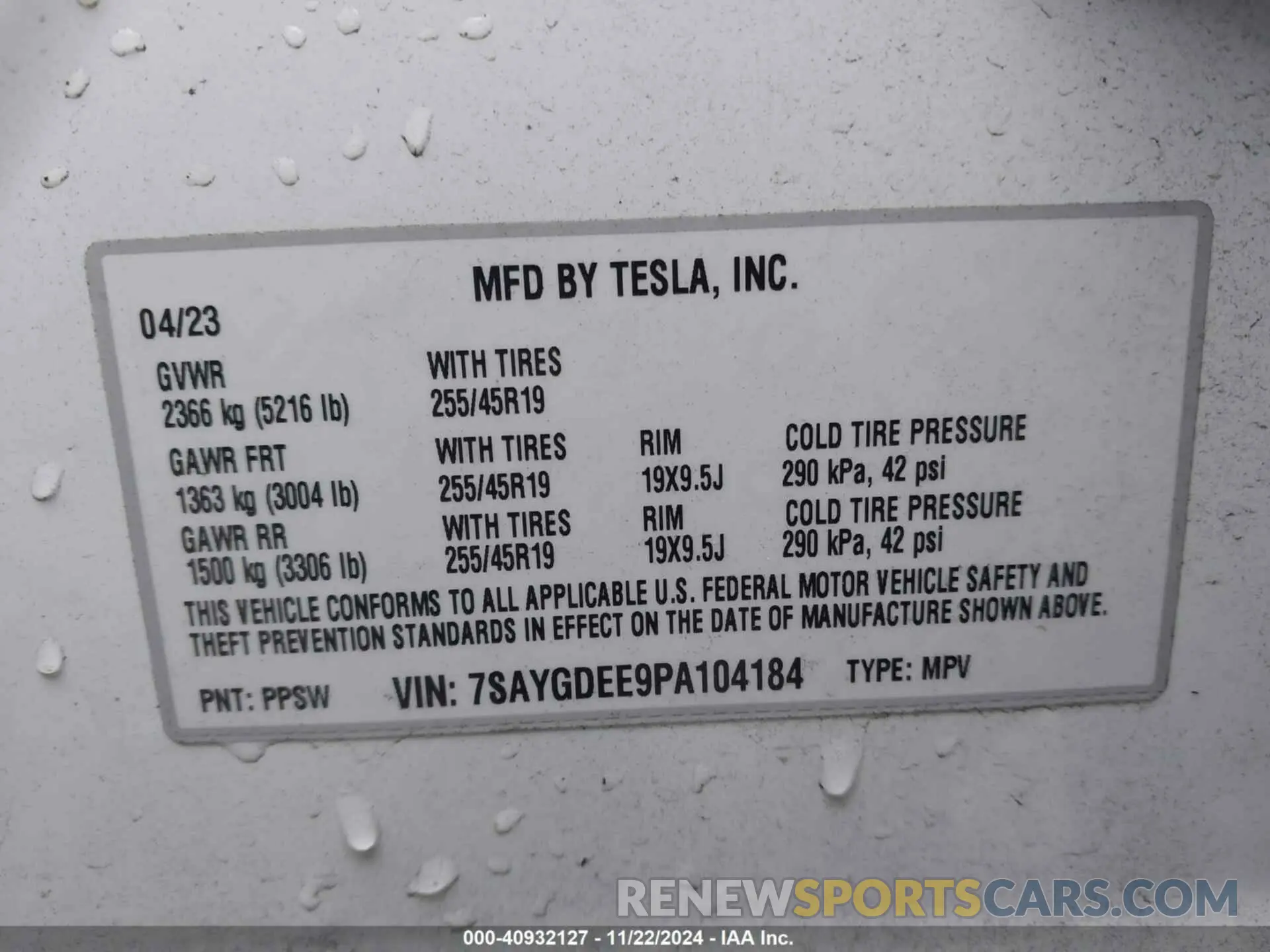 9 fotografías del automóvil dañado 7SAYGDEE9PA104184 TESLA MODEL Y 2023