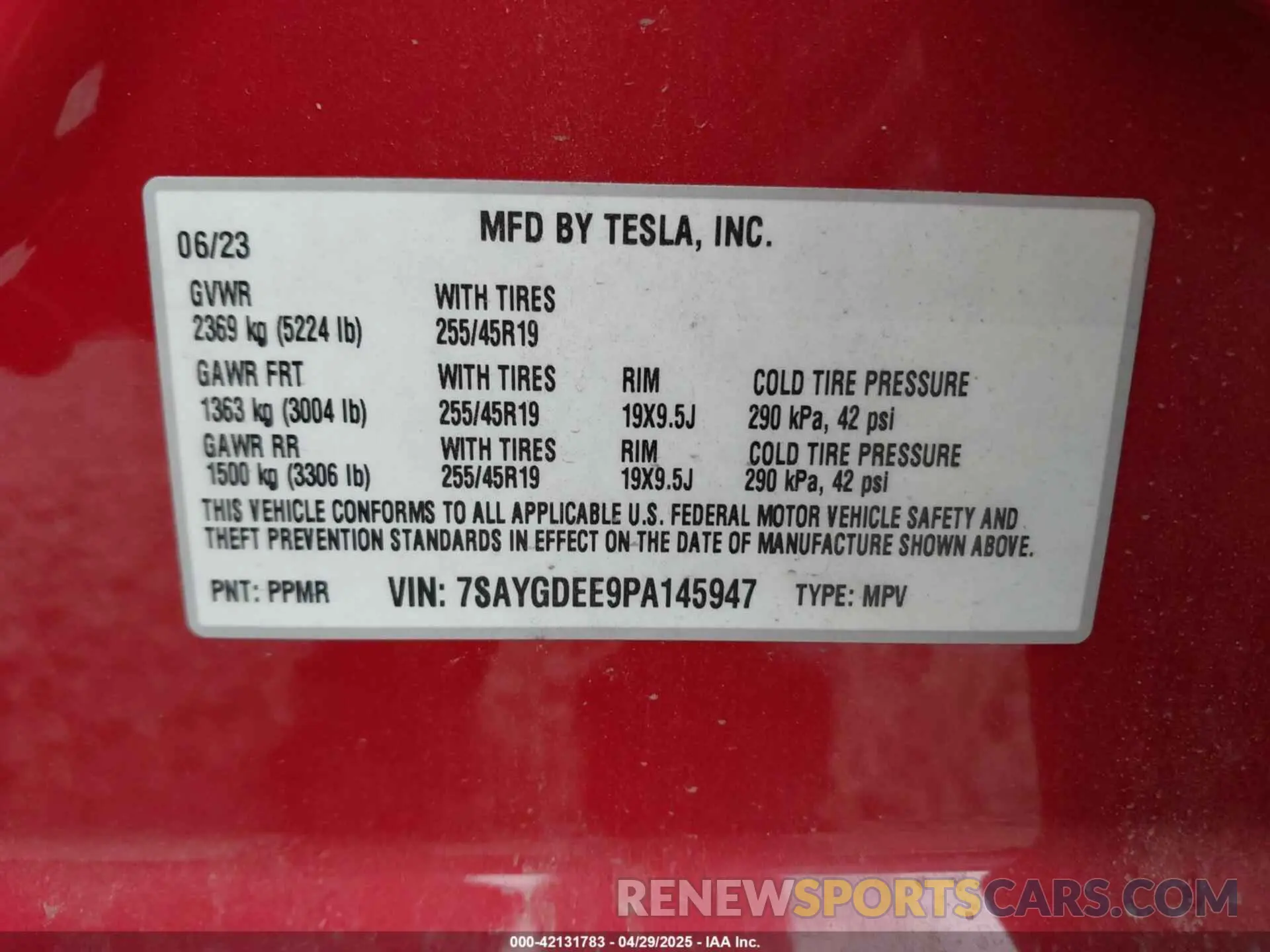 9 fotografías del automóvil dañado 7SAYGDEE9PA145947 TESLA MODEL Y 2023
