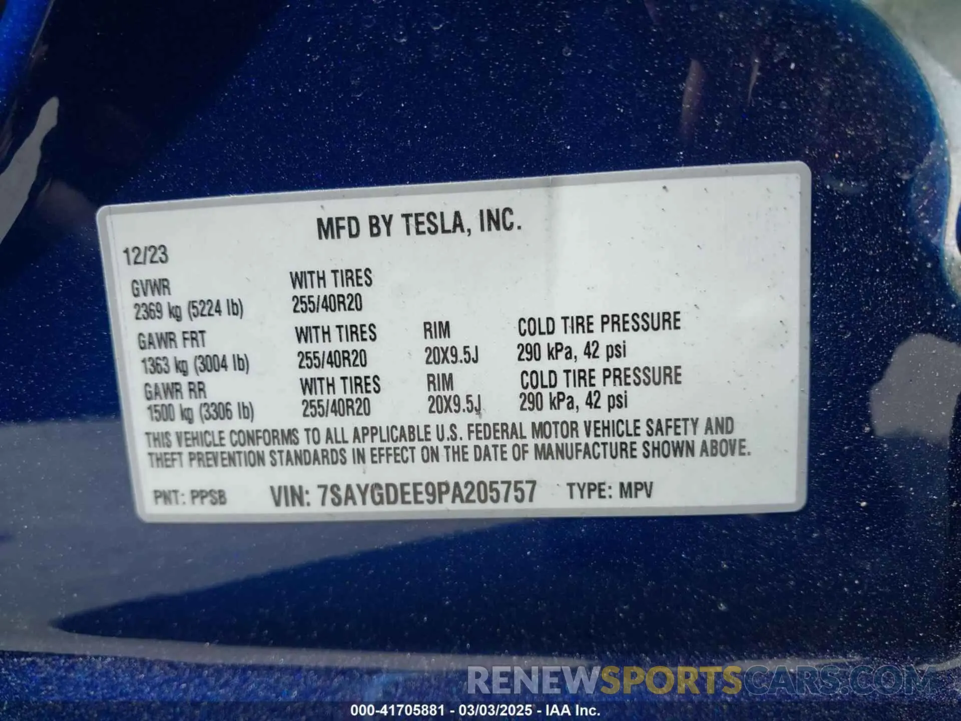 9 fotografías del automóvil dañado 7SAYGDEE9PA205757 TESLA MODEL Y 2023