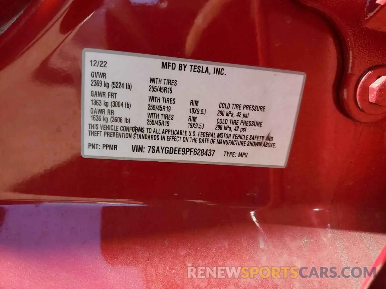 14 fotografías del automóvil dañado 7SAYGDEE9PF628437 TESLA MODEL Y 2023