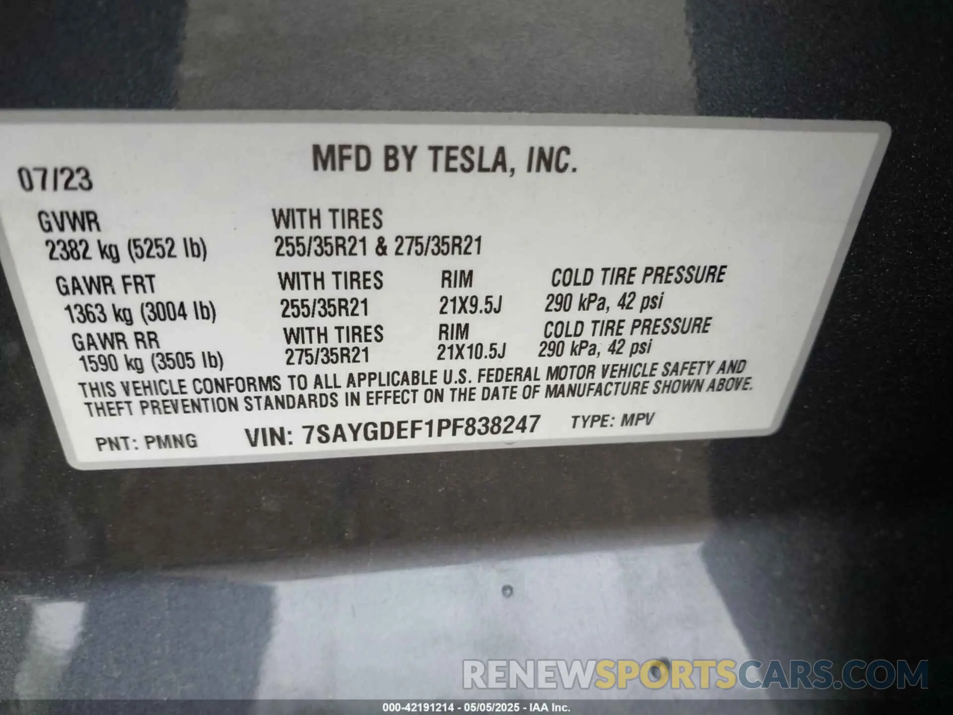 9 fotografías del automóvil dañado 7SAYGDEF1PF838247 TESLA MODEL Y 2023