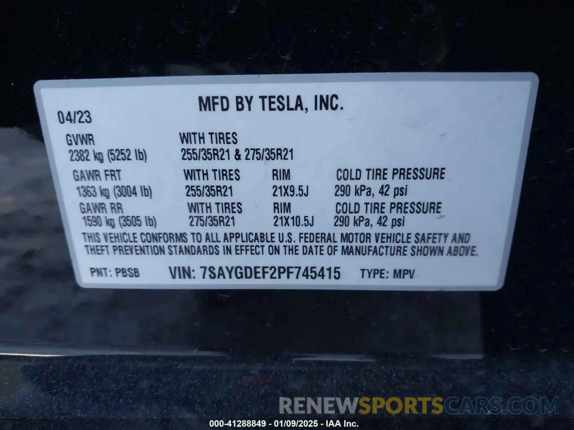 9 fotografías del automóvil dañado 7SAYGDEF2PF745415 TESLA MODEL Y 2023