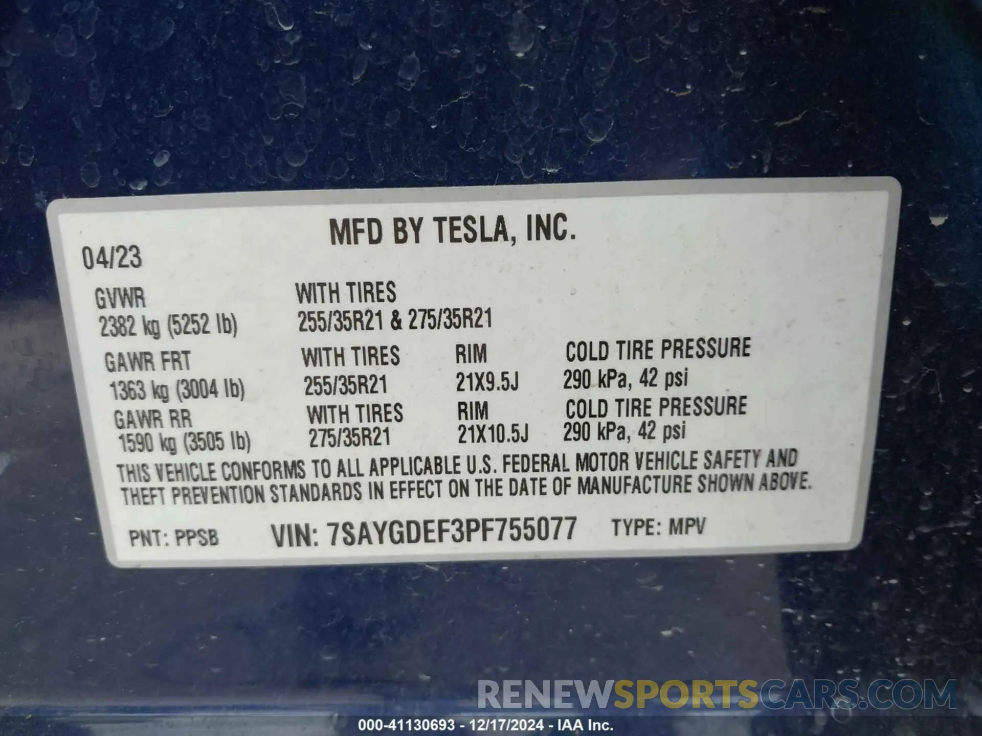 9 fotografías del automóvil dañado 7SAYGDEF3PF755077 TESLA MODEL Y 2023
