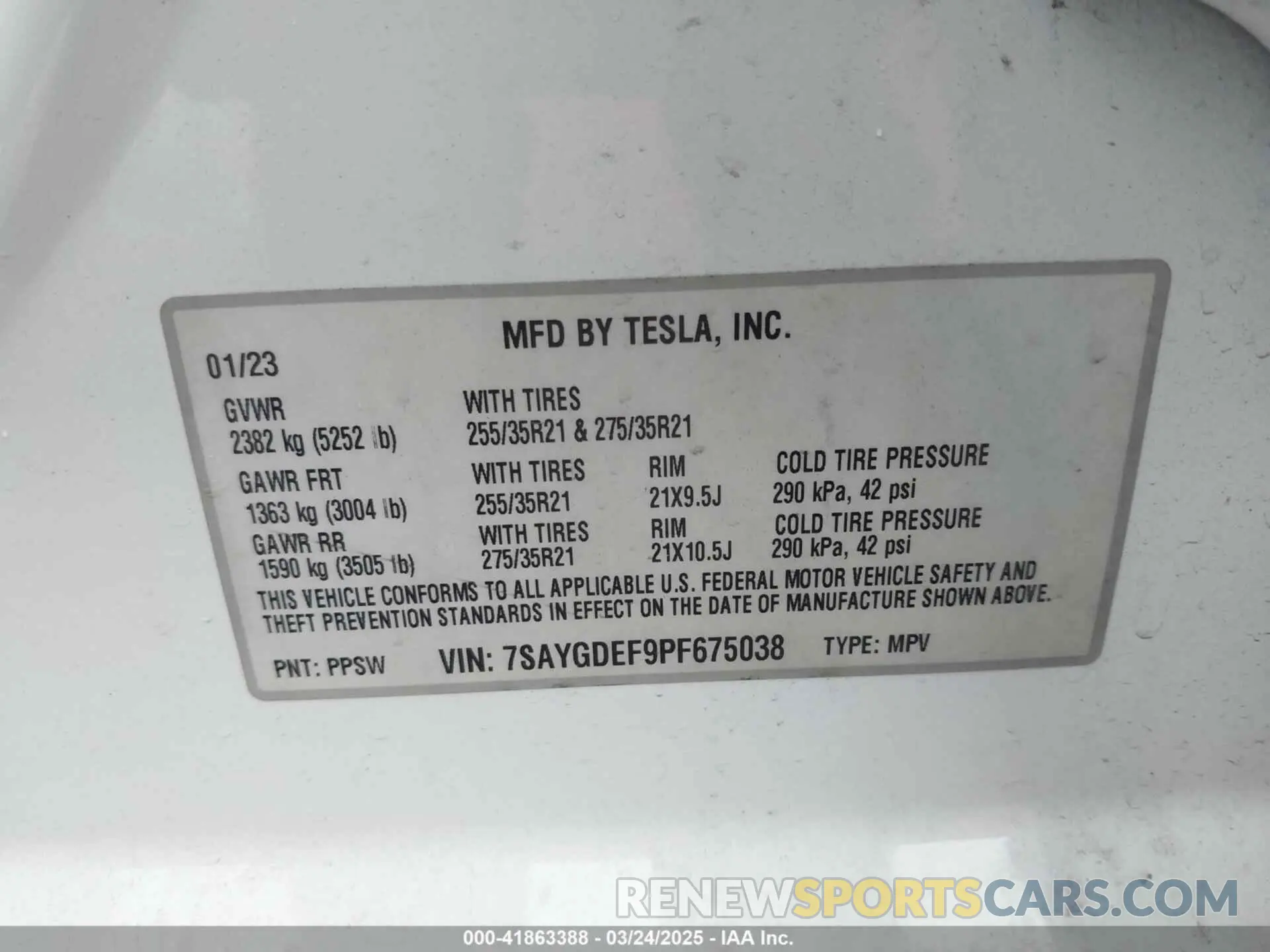 9 fotografías del automóvil dañado 7SAYGDEF9PF675038 TESLA MODEL Y 2023