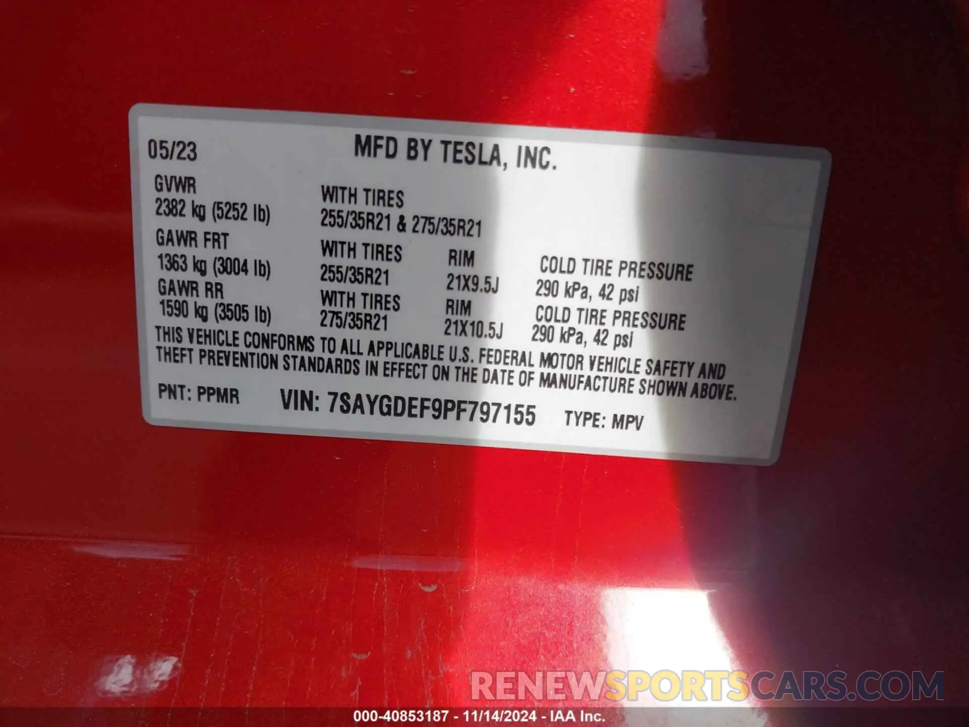 9 fotografías del automóvil dañado 7SAYGDEF9PF797155 TESLA MODEL Y 2023