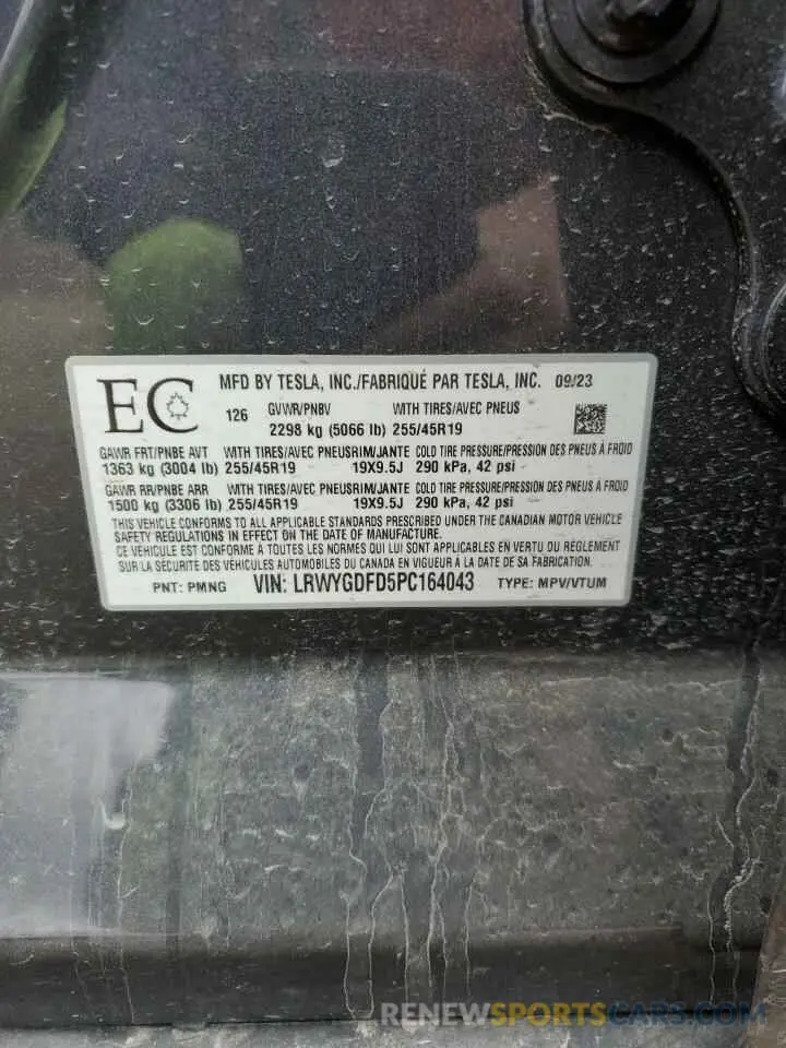 14 fotografías del automóvil dañado LRWYGDFD5PC164043 TESLA MODEL Y 2023