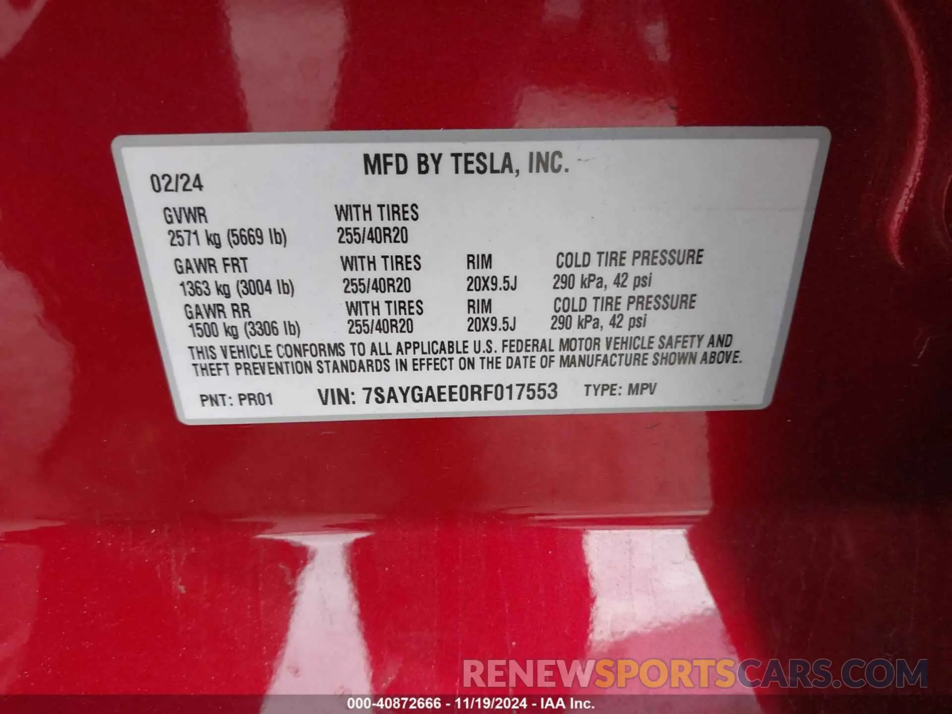 9 fotografías del automóvil dañado 7SAYGAEE0RF017553 TESLA MODEL Y 2024