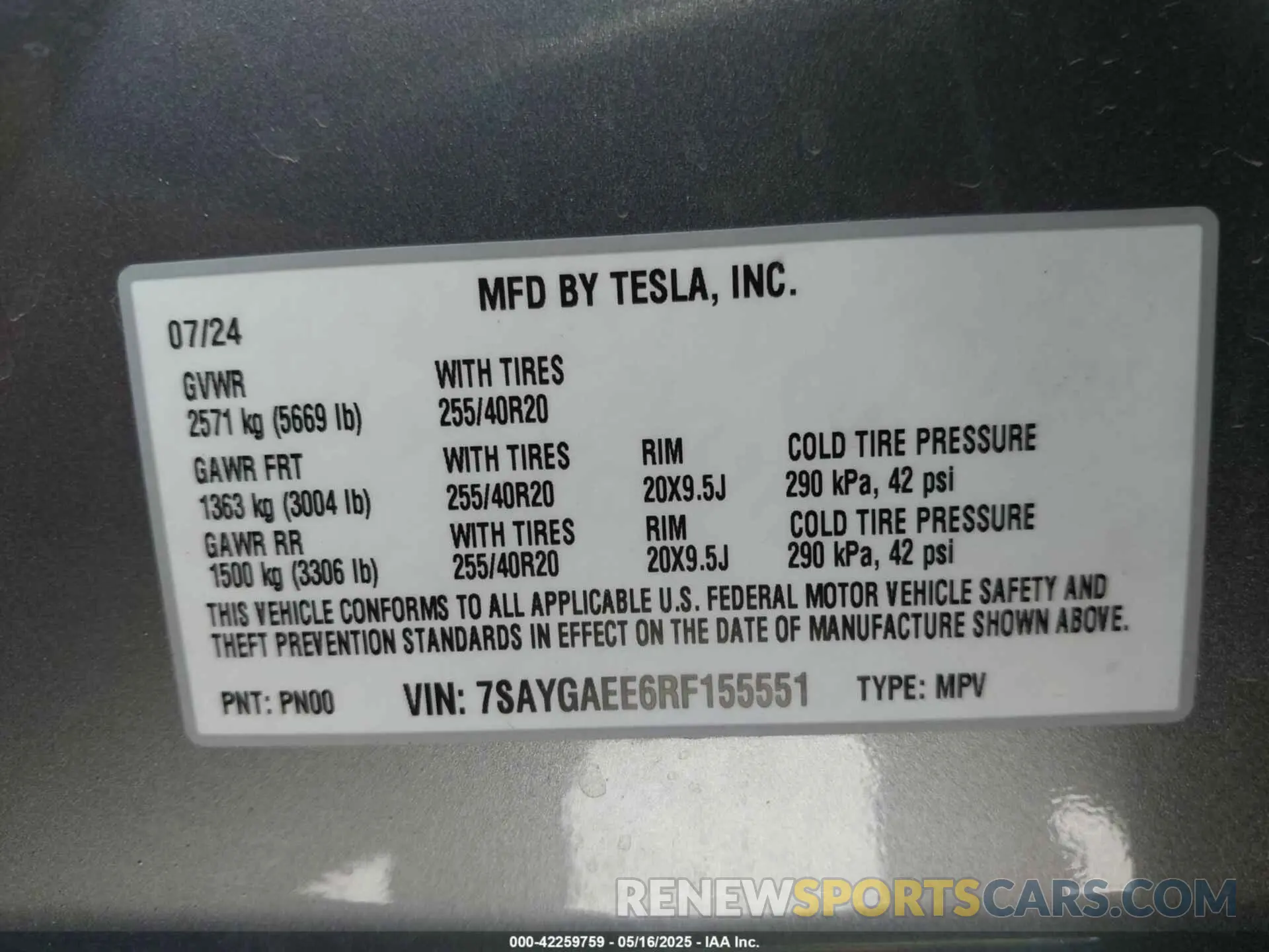 9 fotografías del automóvil dañado 7SAYGAEE6RF155551 TESLA MODEL Y 2024