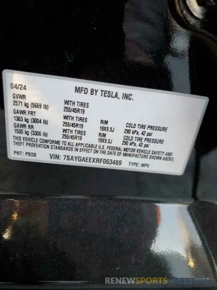 12 fotografías del automóvil dañado 7SAYGAEEXRF063469 TESLA MODEL Y 2024