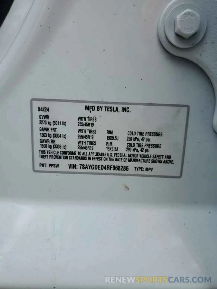 12 fotografías del automóvil dañado 7SAYGDED4RF068286 TESLA MODEL Y 2024