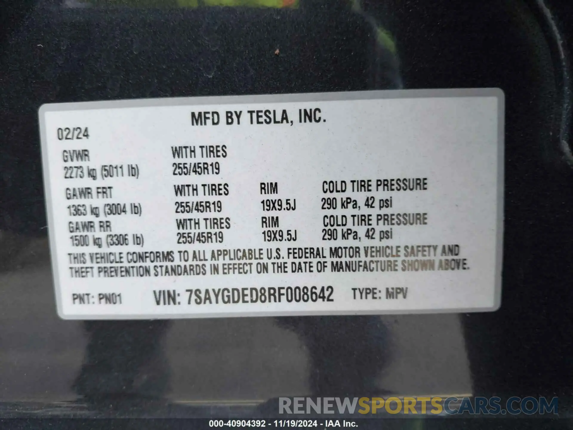 9 fotografías del automóvil dañado 7SAYGDED8RF008642 TESLA MODEL Y 2024