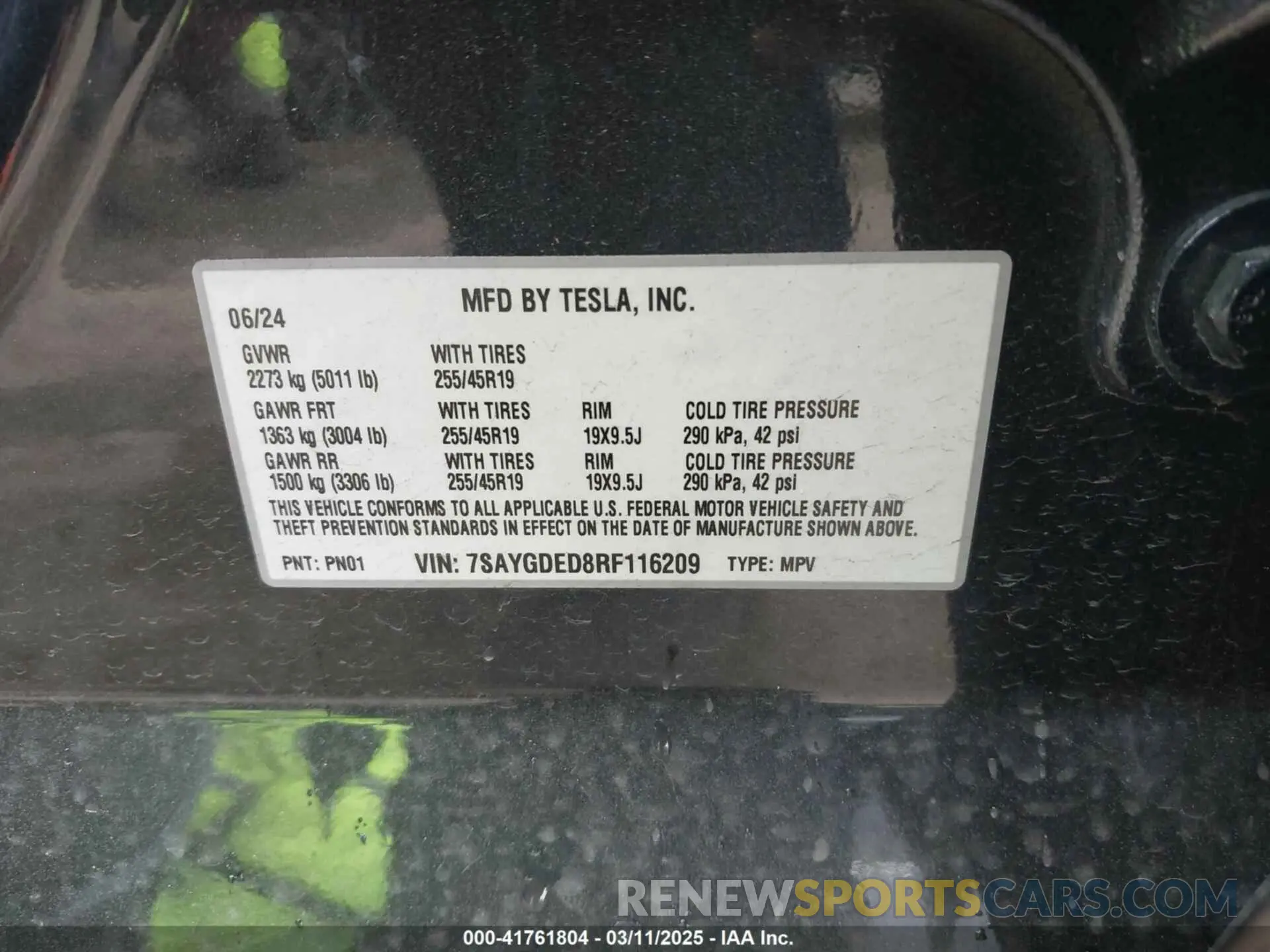 9 fotografías del automóvil dañado 7SAYGDED8RF116209 TESLA MODEL Y 2024