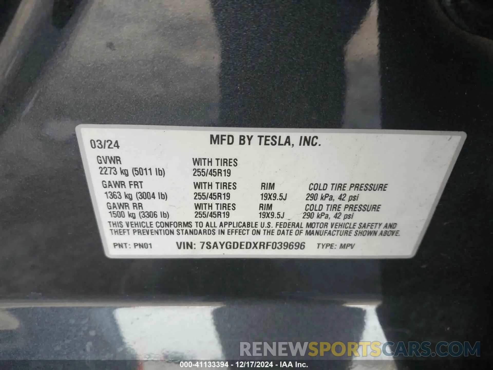 9 fotografías del automóvil dañado 7SAYGDEDXRF039696 TESLA MODEL Y 2024