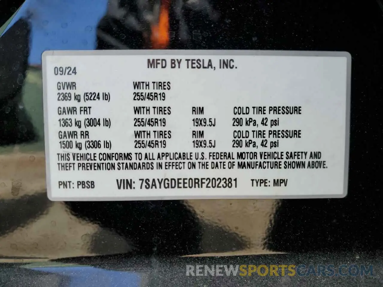 15 fotografías del automóvil dañado 7SAYGDEE0RF202381 TESLA MODEL Y 2024