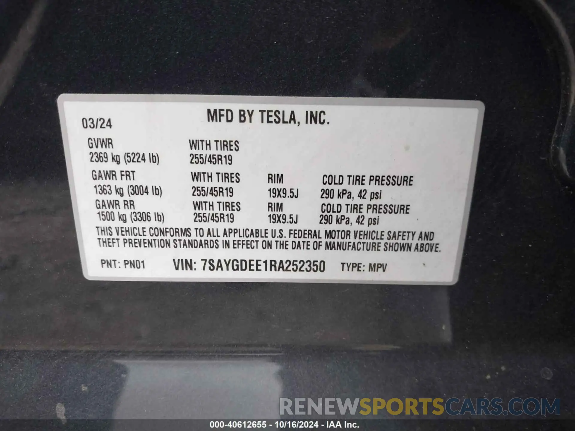 9 fotografías del automóvil dañado 7SAYGDEE1RA252350 TESLA MODEL Y 2024