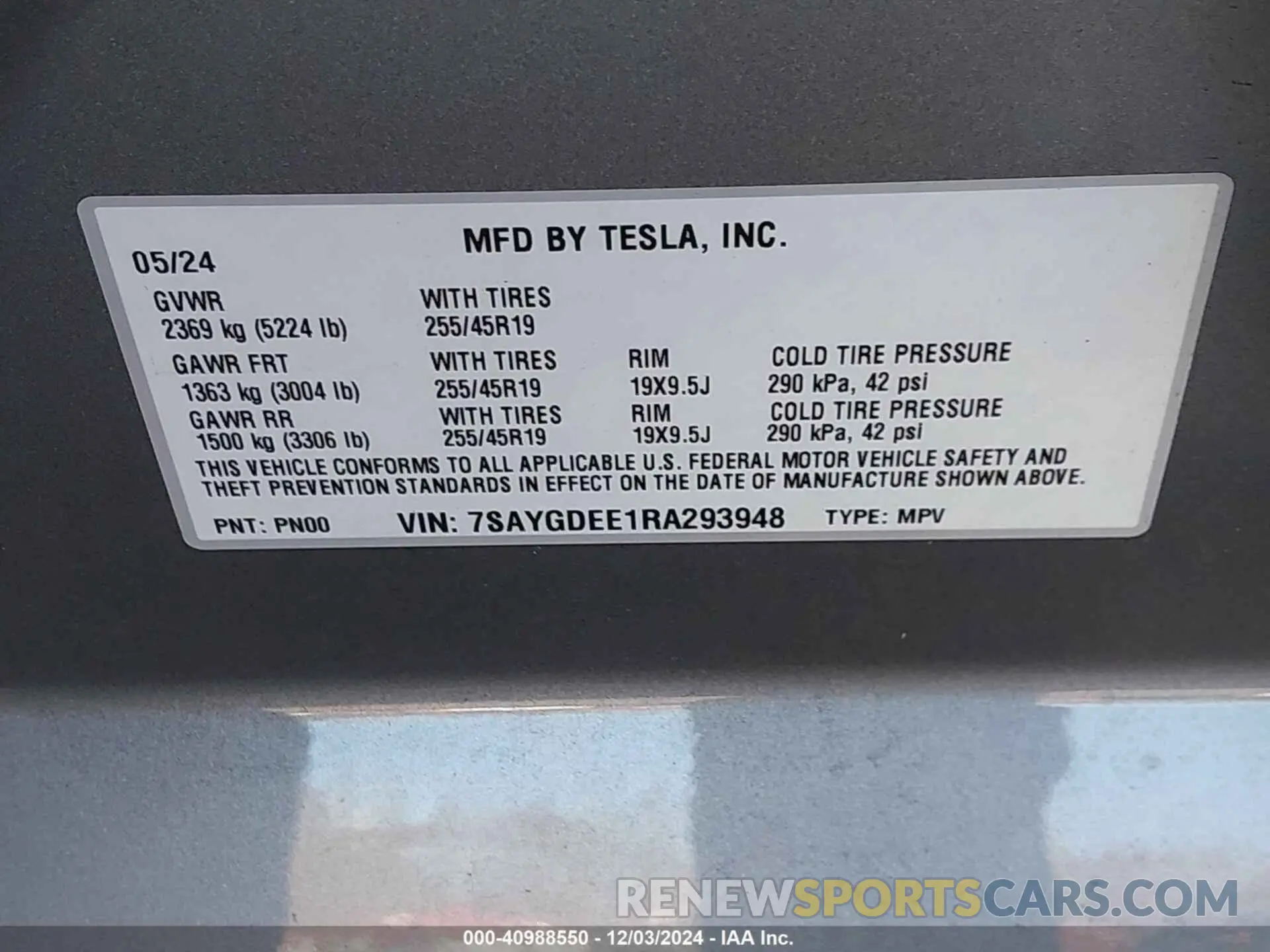 9 fotografías del automóvil dañado 7SAYGDEE1RA293948 TESLA MODEL Y 2024