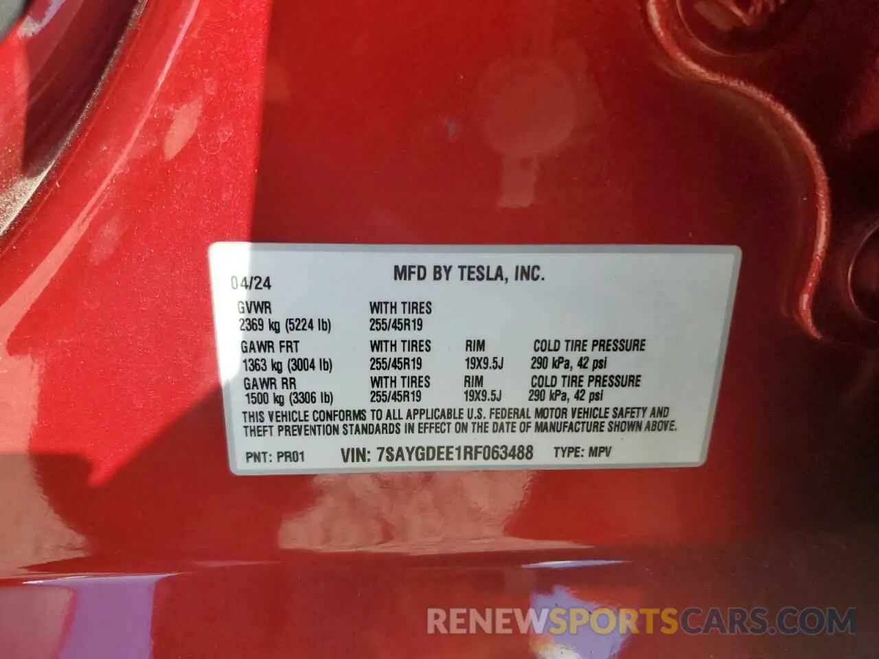 14 fotografías del automóvil dañado 7SAYGDEE1RF063488 TESLA MODEL Y 2024