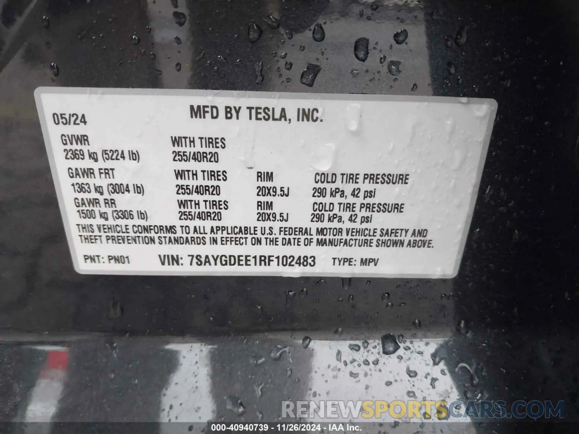 9 fotografías del automóvil dañado 7SAYGDEE1RF102483 TESLA MODEL Y 2024