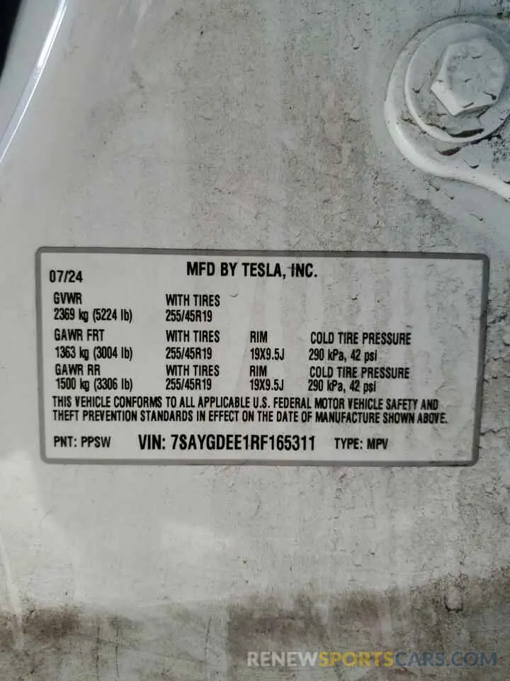 14 fotografías del automóvil dañado 7SAYGDEE1RF165311 TESLA MODEL Y 2024
