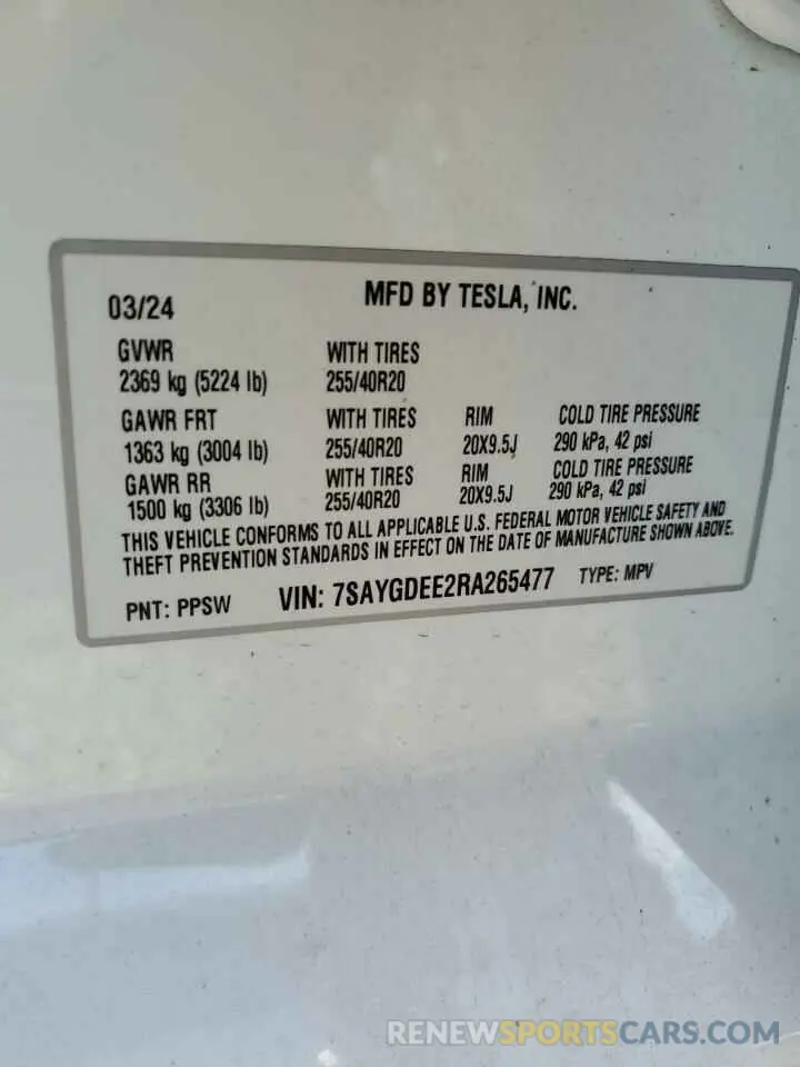 14 fotografías del automóvil dañado 7SAYGDEE2RA265477 TESLA MODEL Y 2024