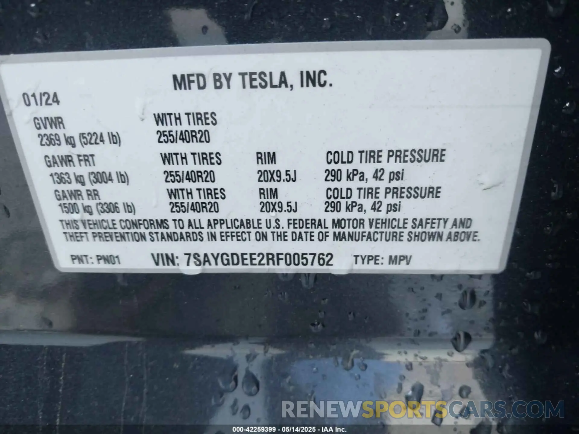 9 fotografías del automóvil dañado 7SAYGDEE2RF005762 TESLA MODEL Y 2024