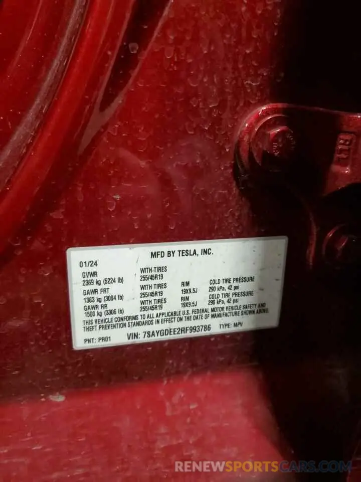 14 fotografías del automóvil dañado 7SAYGDEE2RF993786 TESLA MODEL Y 2024