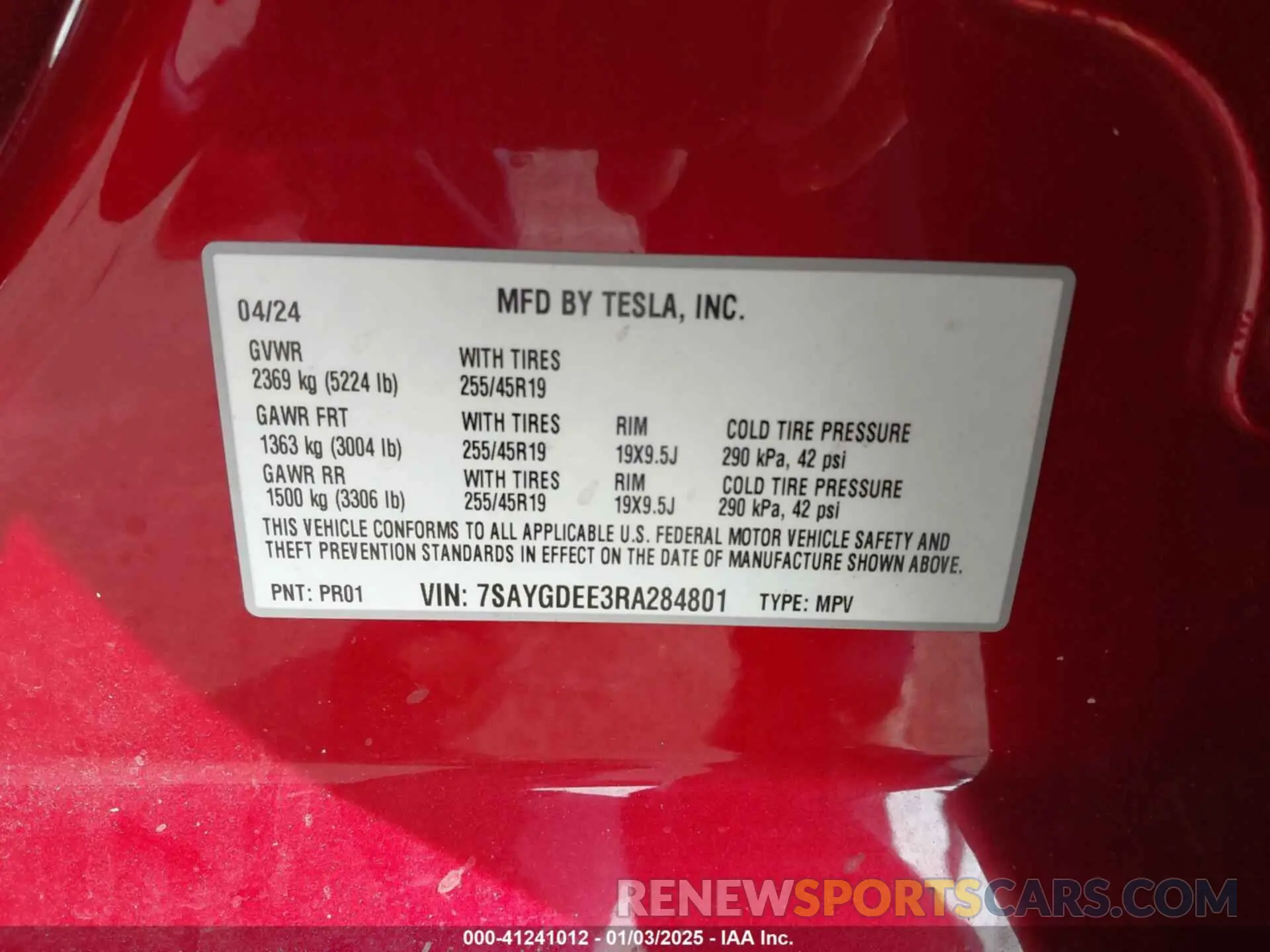 9 fotografías del automóvil dañado 7SAYGDEE3RA284801 TESLA MODEL Y 2024