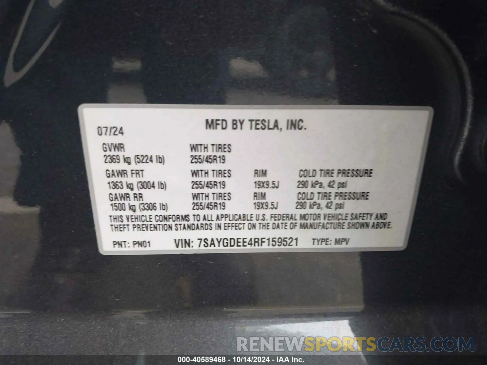 9 fotografías del automóvil dañado 7SAYGDEE4RF159521 TESLA MODEL Y 2024