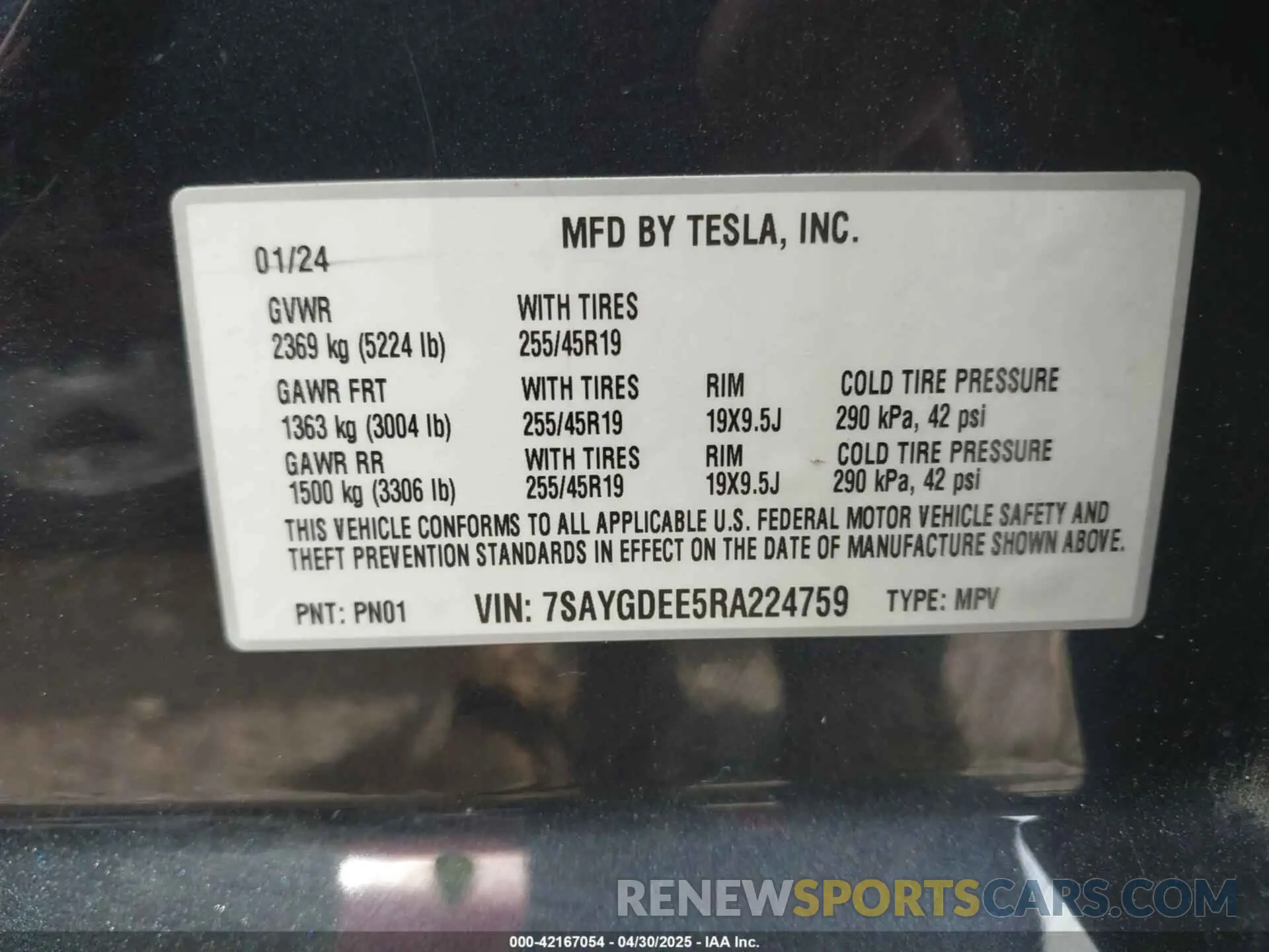 9 fotografías del automóvil dañado 7SAYGDEE5RA224759 TESLA MODEL Y 2024