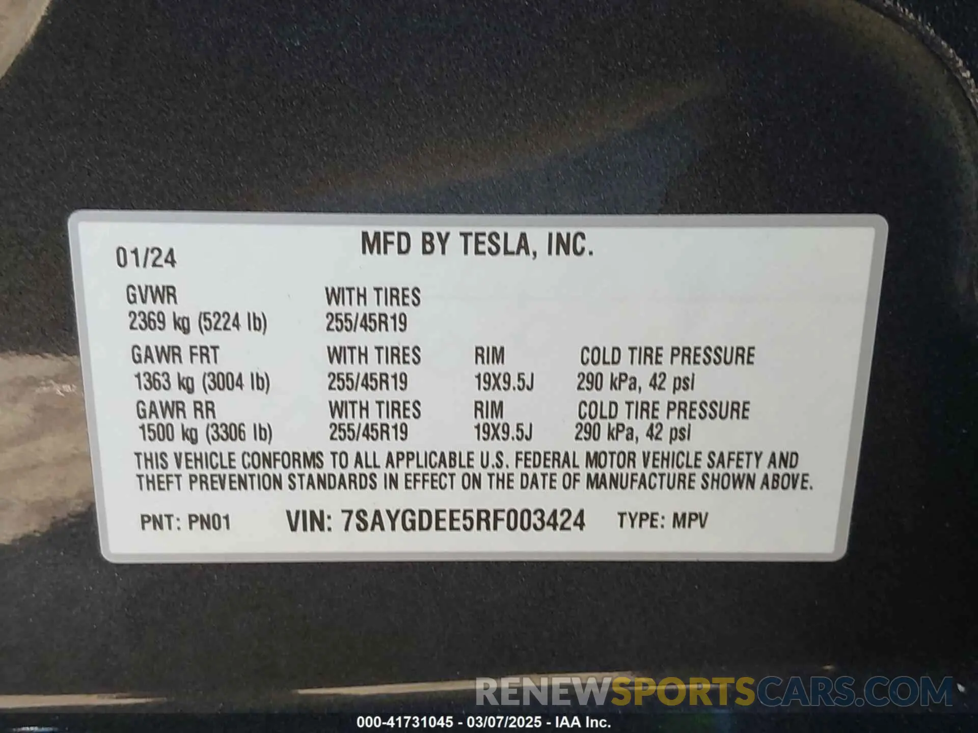9 fotografías del automóvil dañado 7SAYGDEE5RF003424 TESLA MODEL Y 2024