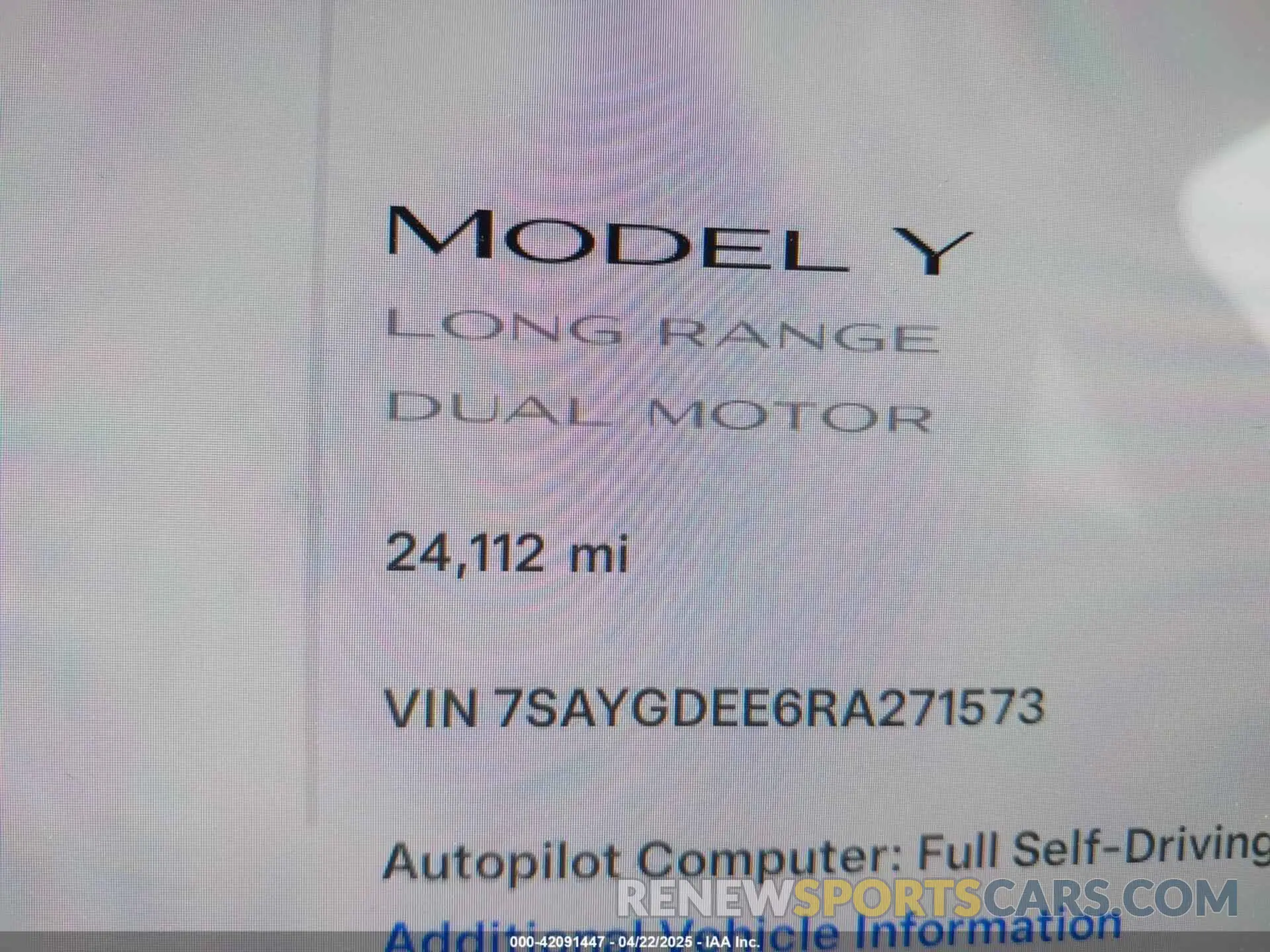 7 fotografías del automóvil dañado 7SAYGDEE6RA271573 TESLA MODEL Y 2024