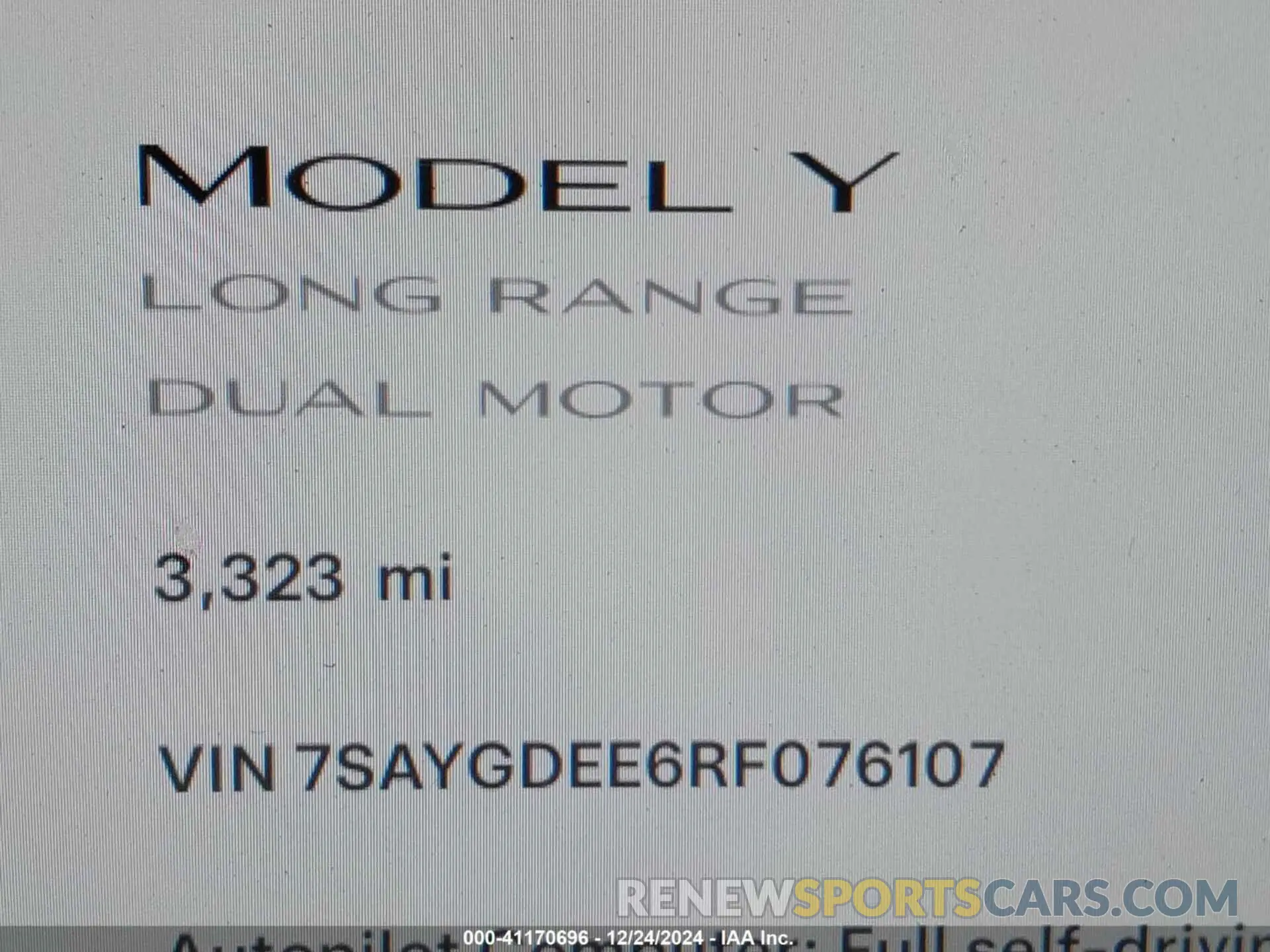 15 fotografías del automóvil dañado 7SAYGDEE6RF076107 TESLA MODEL Y 2024