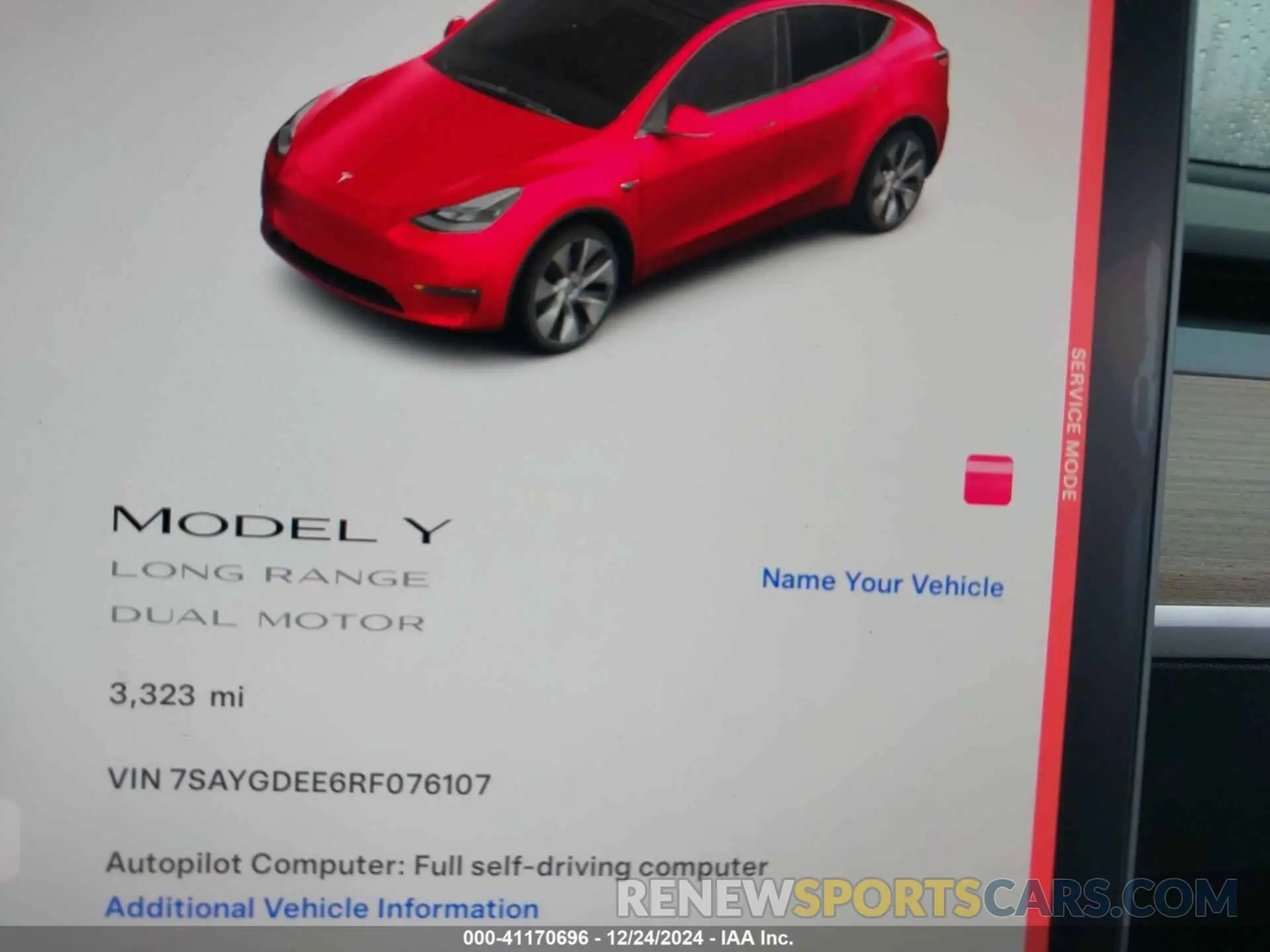 7 fotografías del automóvil dañado 7SAYGDEE6RF076107 TESLA MODEL Y 2024