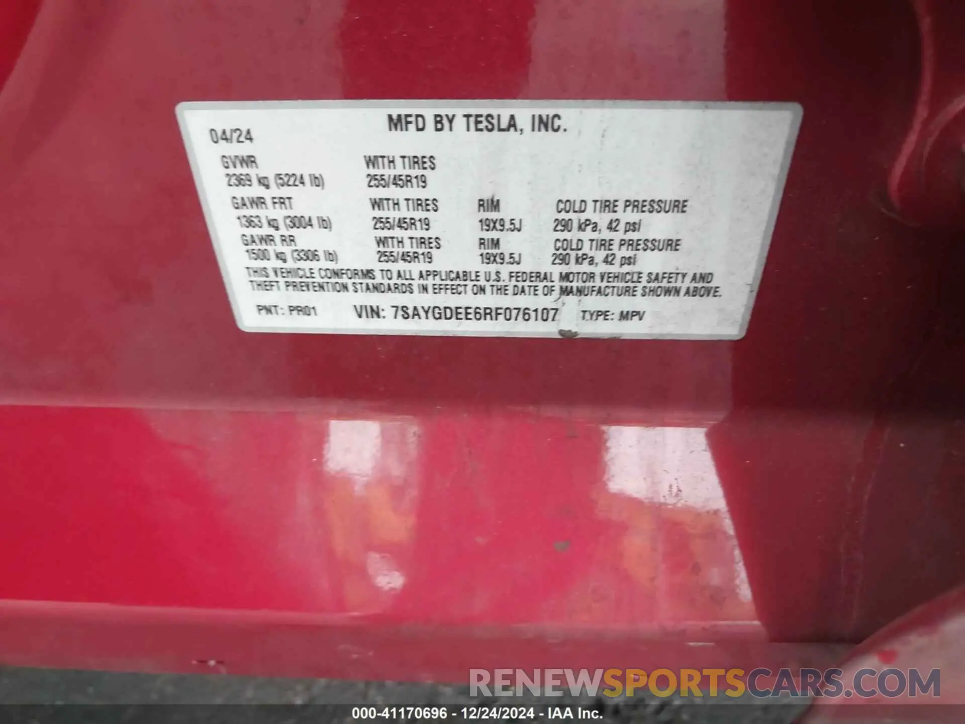 9 fotografías del automóvil dañado 7SAYGDEE6RF076107 TESLA MODEL Y 2024