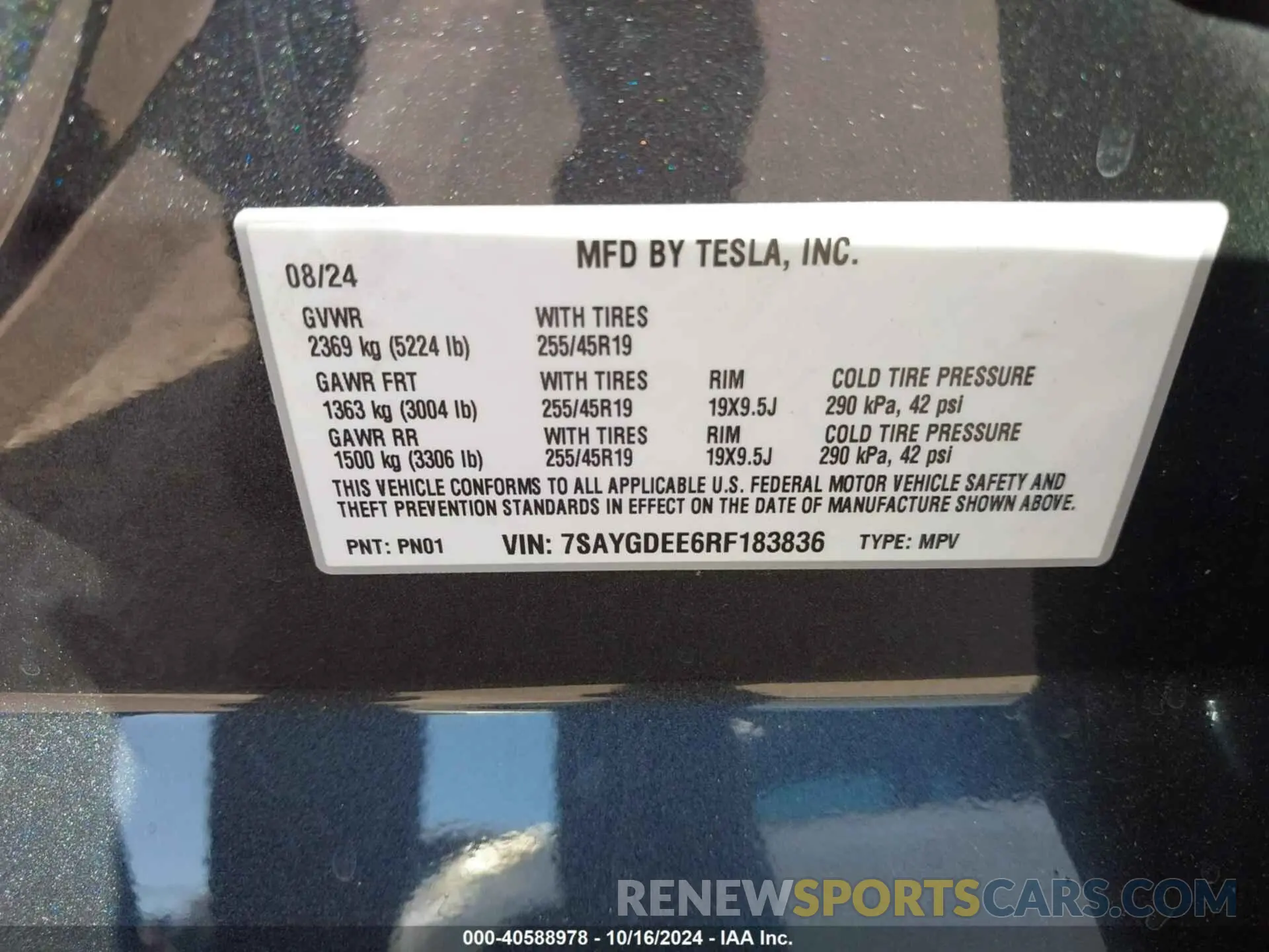 9 fotografías del automóvil dañado 7SAYGDEE6RF183836 TESLA MODEL Y 2024
