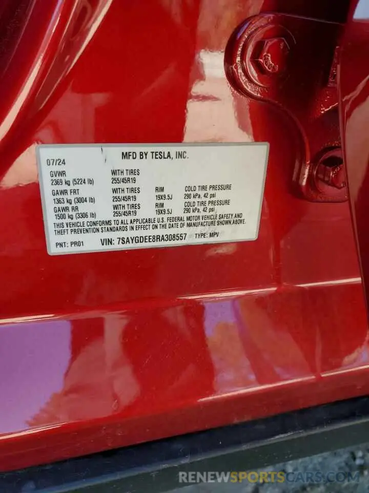 12 fotografías del automóvil dañado 7SAYGDEE8RA308557 TESLA MODEL Y 2024
