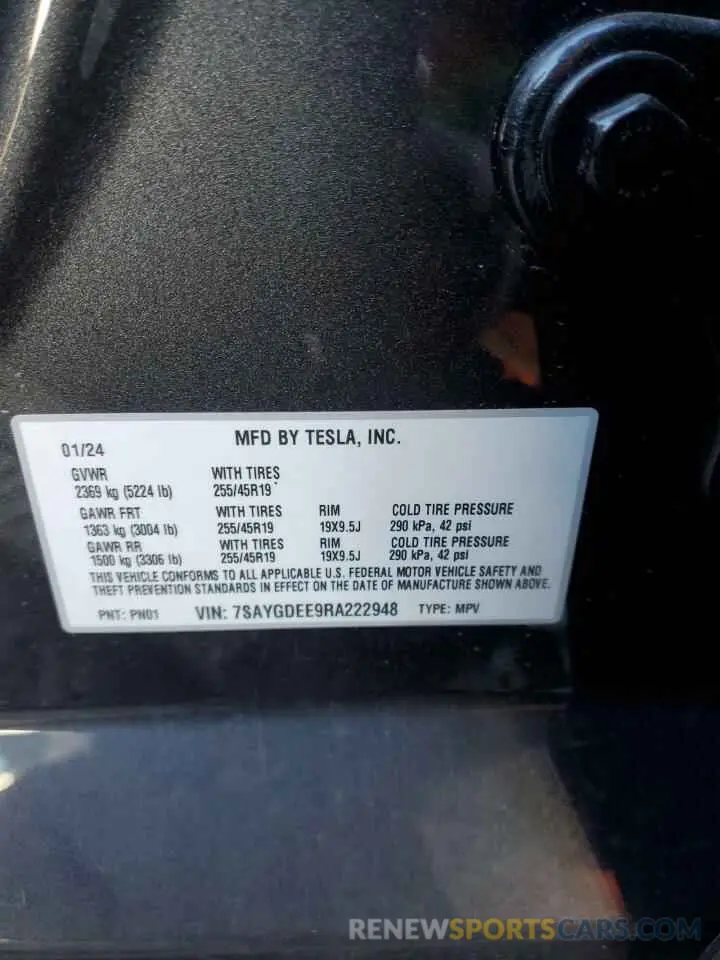 12 fotografías del automóvil dañado 7SAYGDEE9RA222948 TESLA MODEL Y 2024