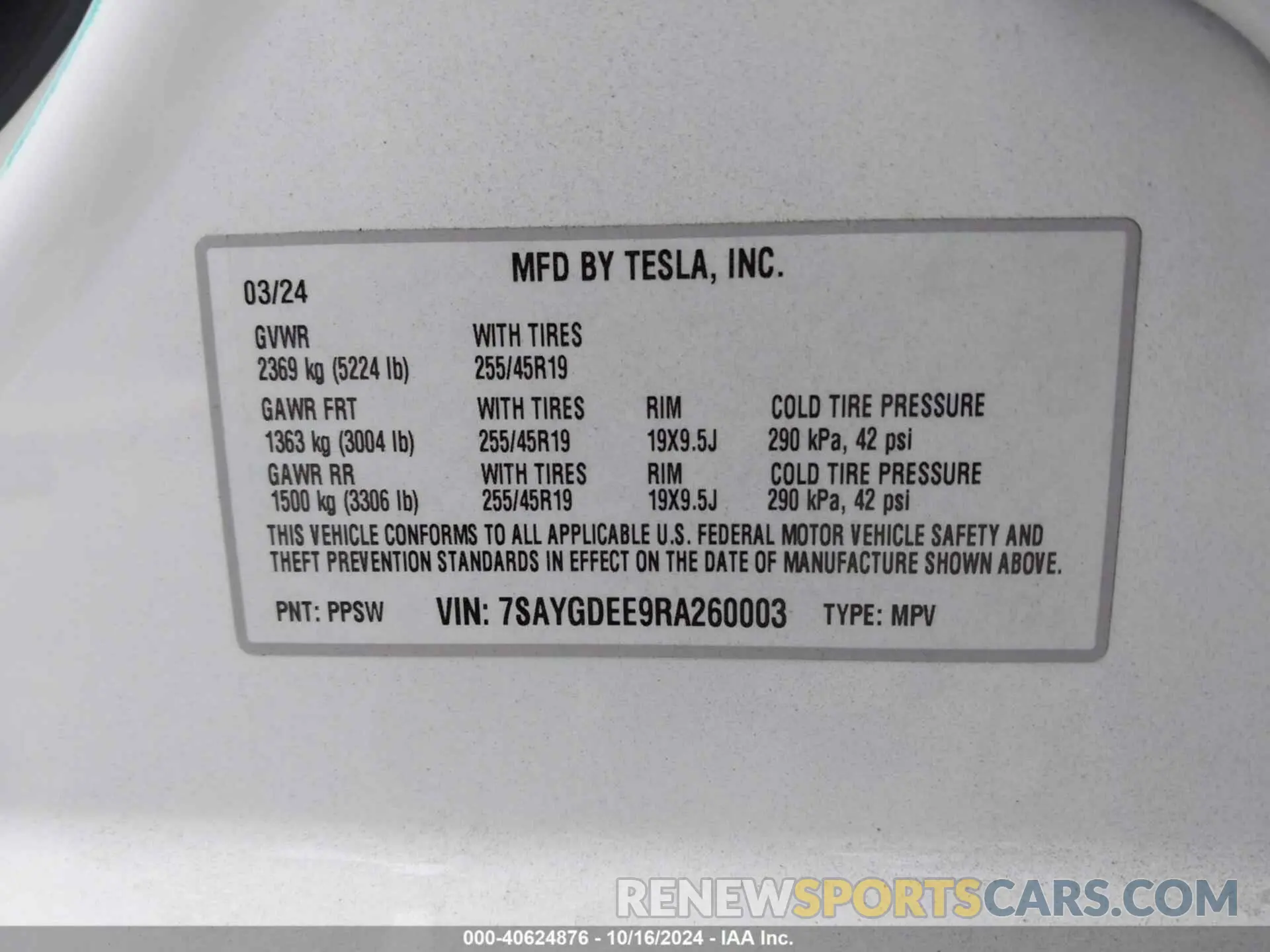 9 fotografías del automóvil dañado 7SAYGDEE9RA260003 TESLA MODEL Y 2024