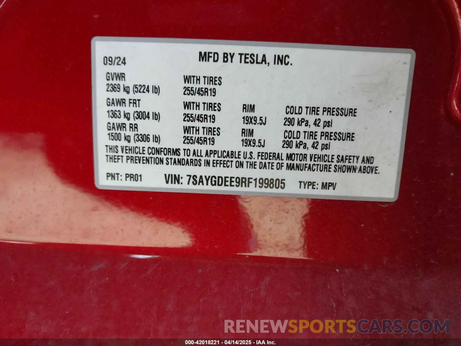 9 fotografías del automóvil dañado 7SAYGDEE9RF199805 TESLA MODEL Y 2024