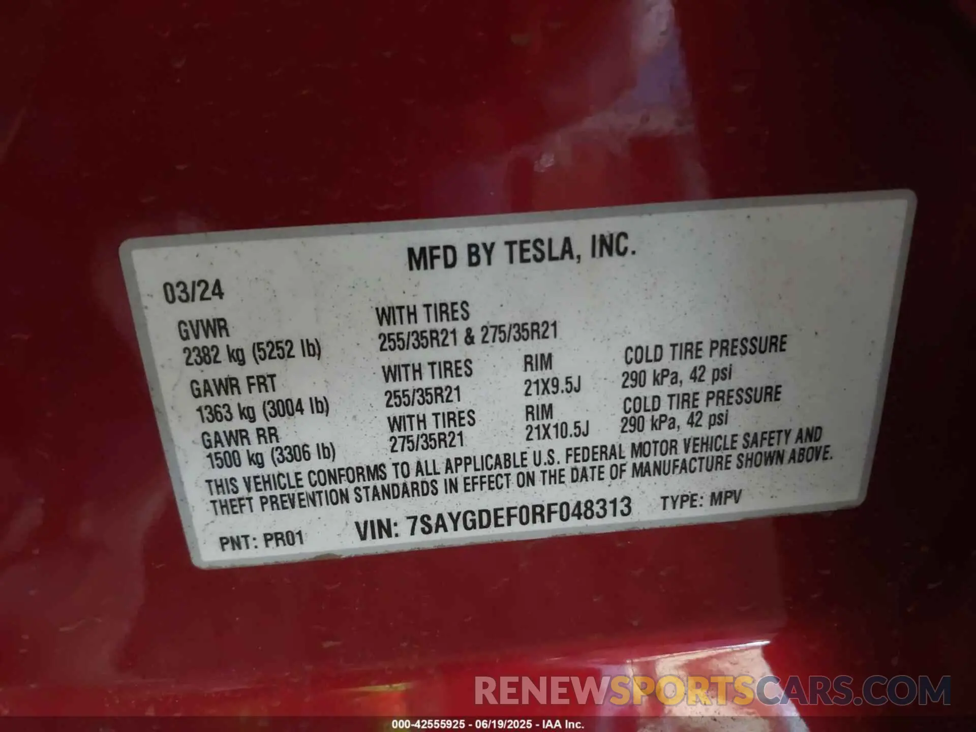 9 fotografías del automóvil dañado 7SAYGDEF0RF048313 TESLA MODEL Y 2024