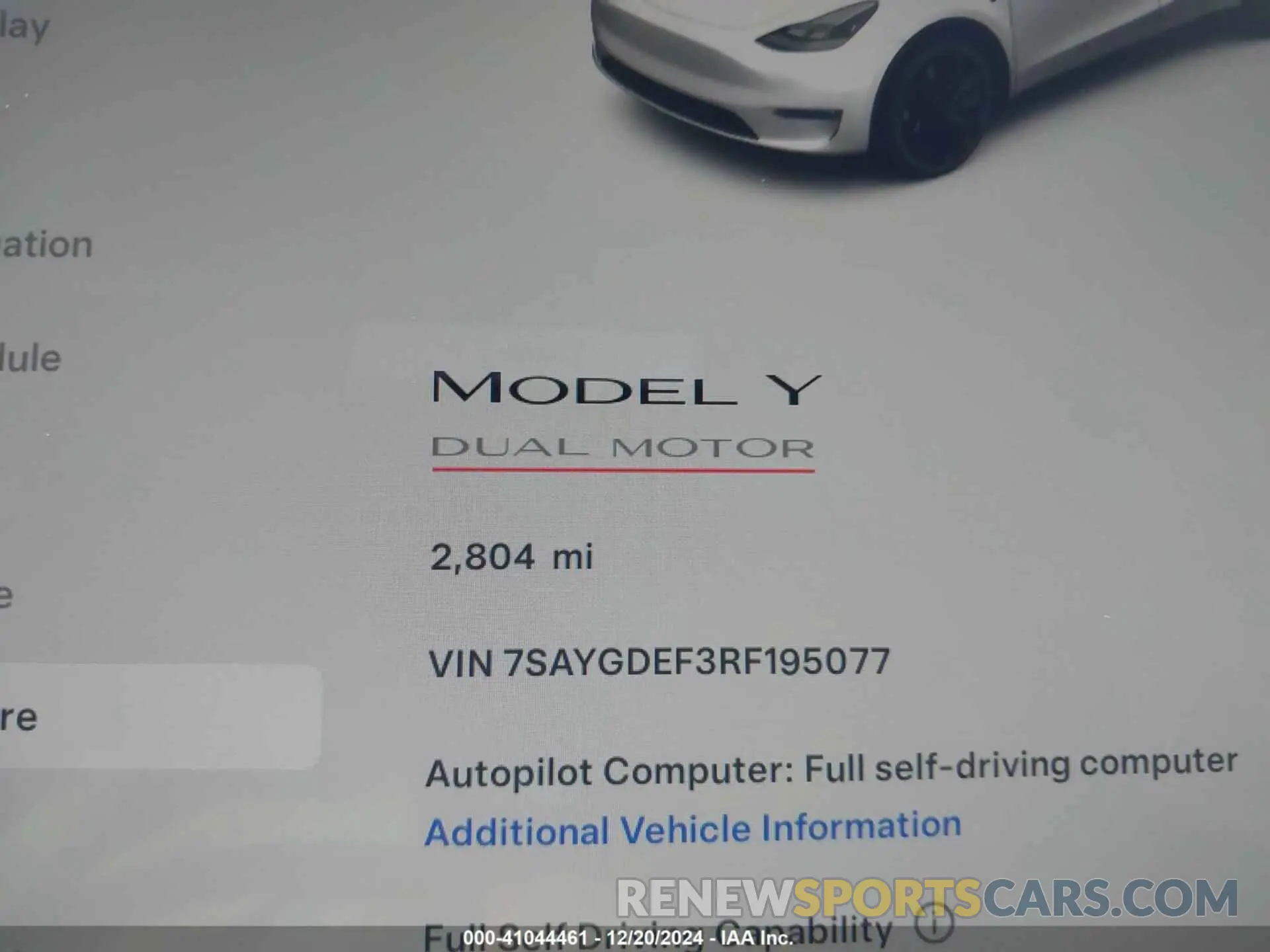 15 fotografías del automóvil dañado 7SAYGDEF3RF195077 TESLA MODEL Y 2024