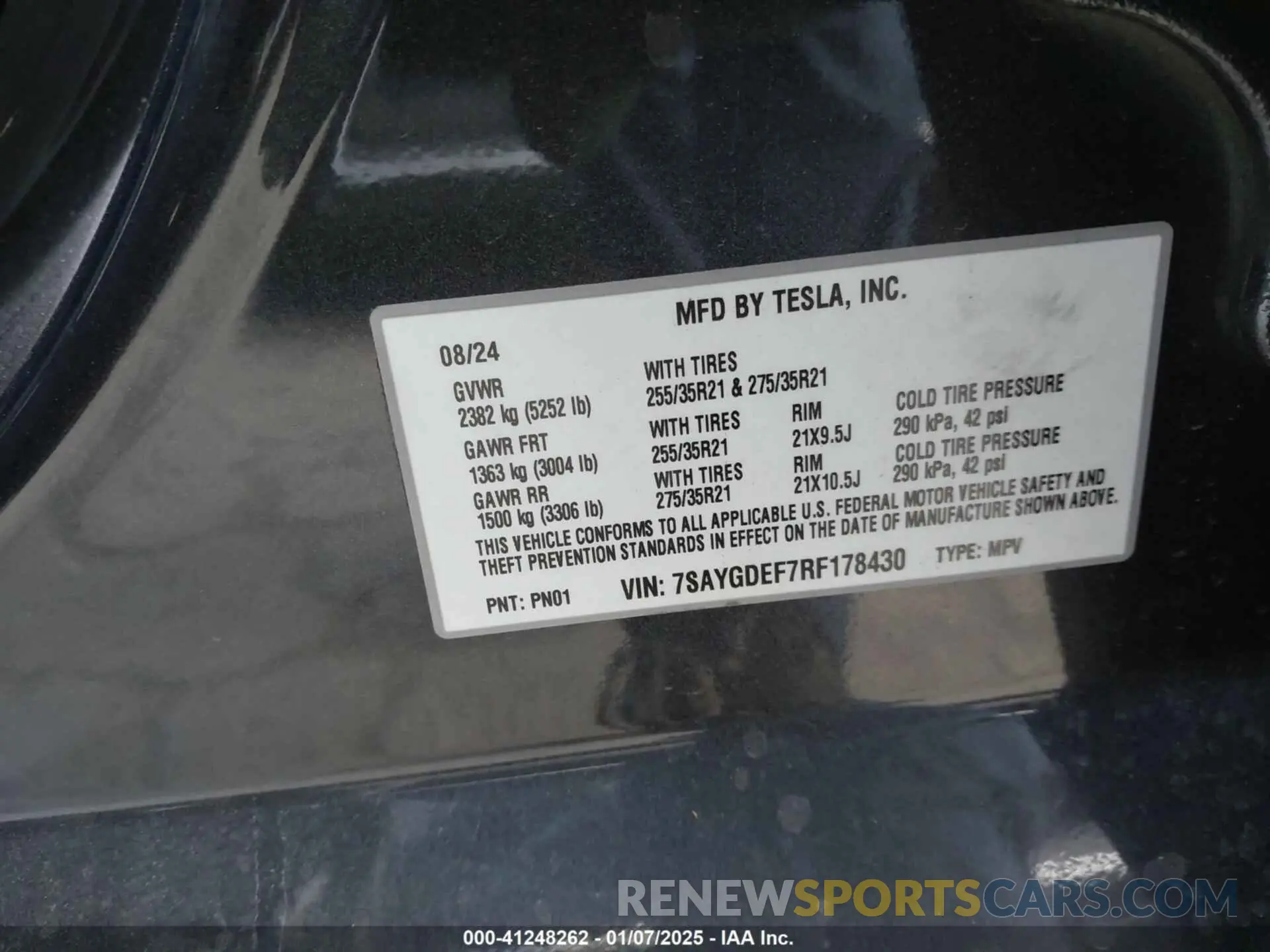 9 fotografías del automóvil dañado 7SAYGDEF7RF178430 TESLA MODEL Y 2024