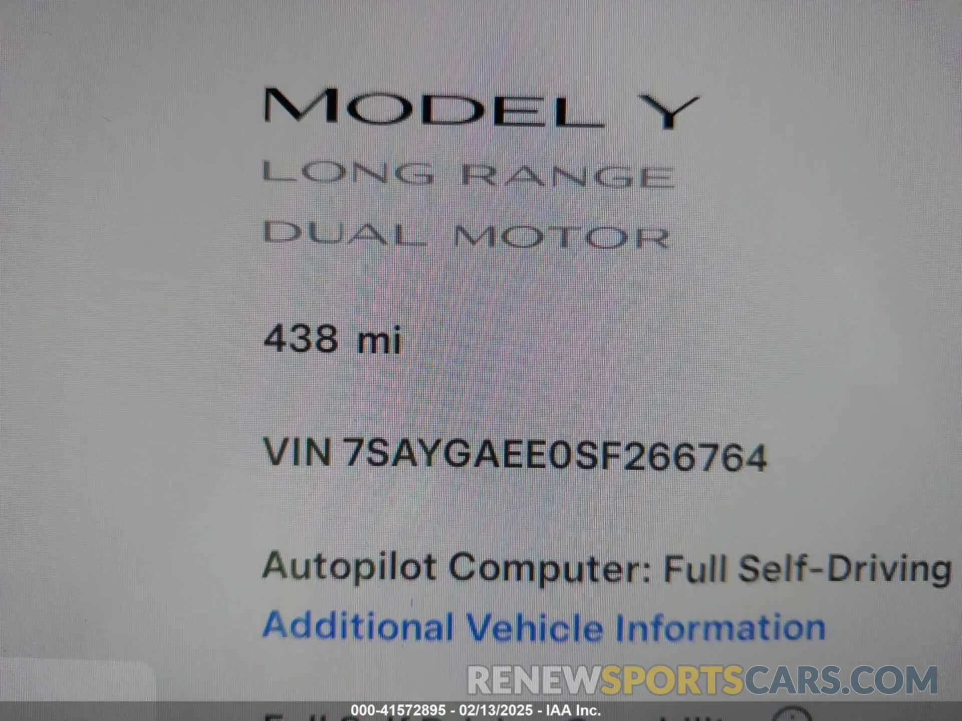 15 fotografías del automóvil dañado 7SAYGAEE0SF266764 TESLA MODEL Y 2025