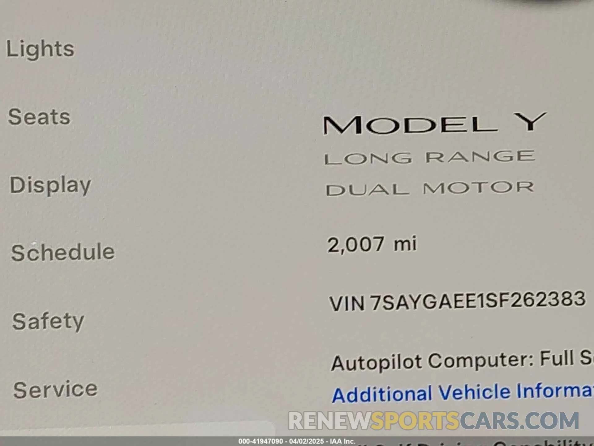 15 fotografías del automóvil dañado 7SAYGAEE1SF262383 TESLA MODEL Y 2025