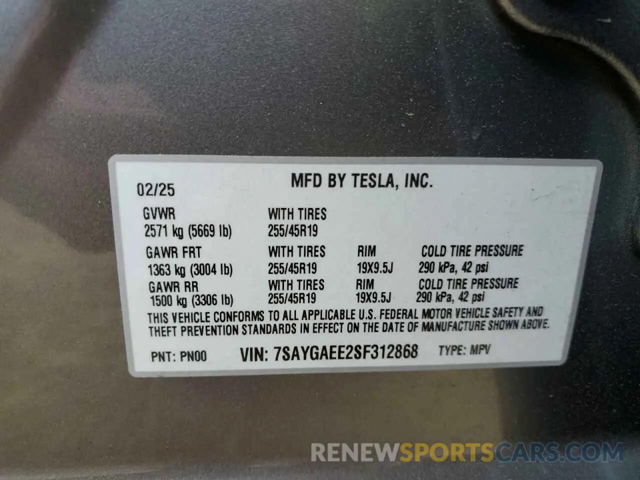 15 fotografías del automóvil dañado 7SAYGAEE2SF312868 TESLA MODEL Y 2025