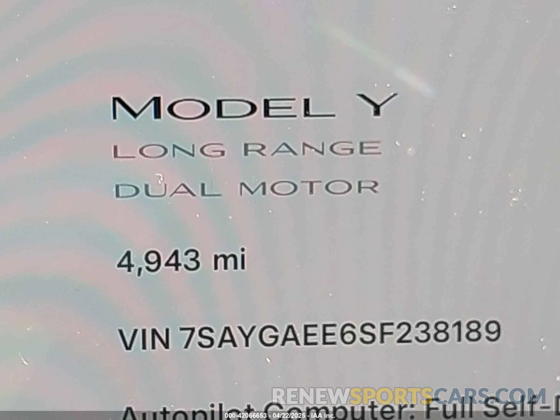 15 fotografías del automóvil dañado 7SAYGAEE6SF238189 TESLA MODEL Y 2025