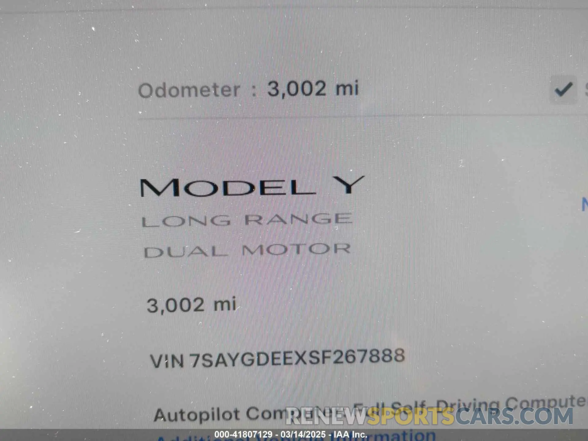 15 fotografías del automóvil dañado 7SAYGDEEXSF267888 TESLA MODEL Y 2025