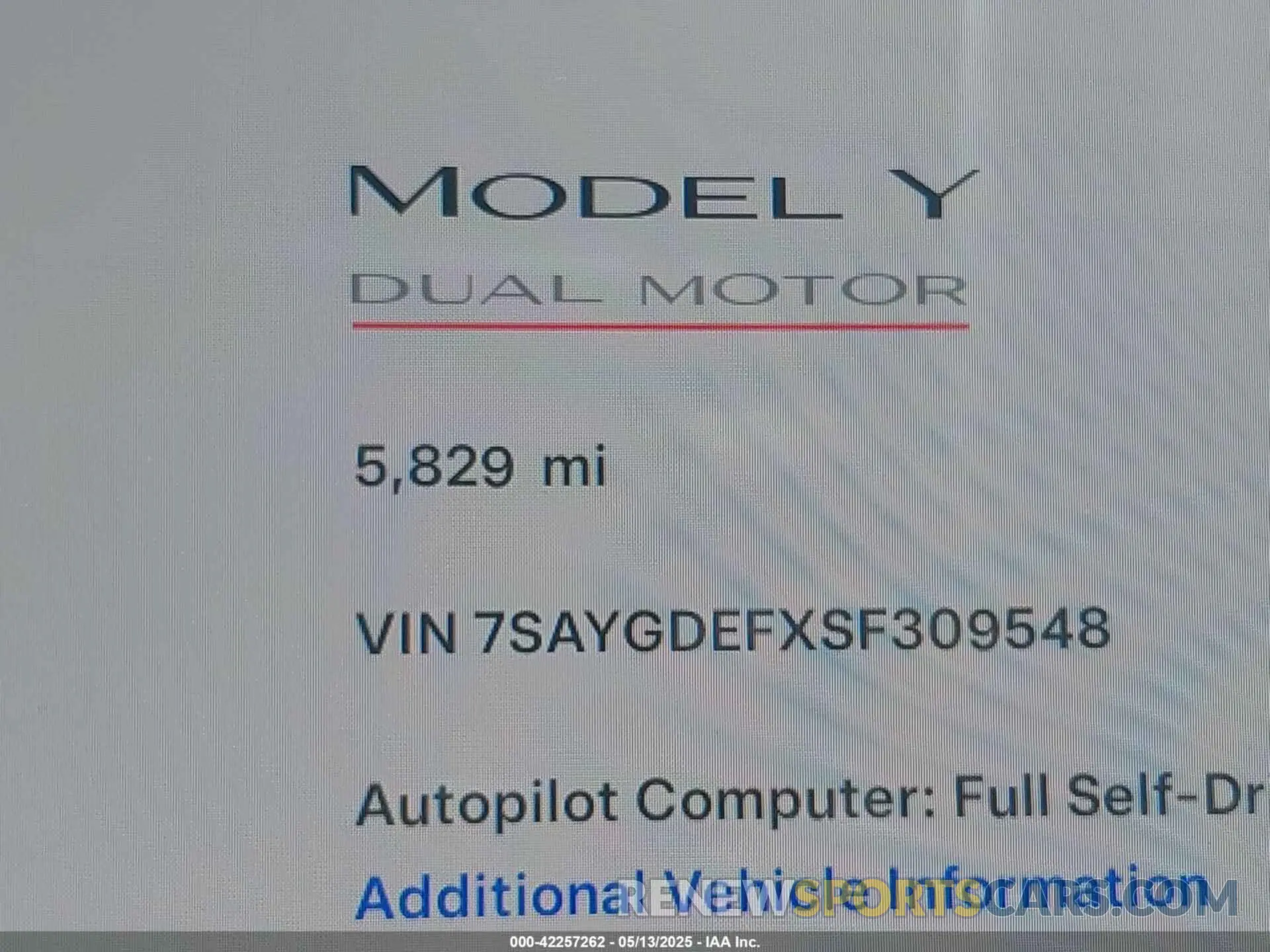 15 fotografías del automóvil dañado 7SAYGDEFXSF309548 TESLA MODEL Y 2025